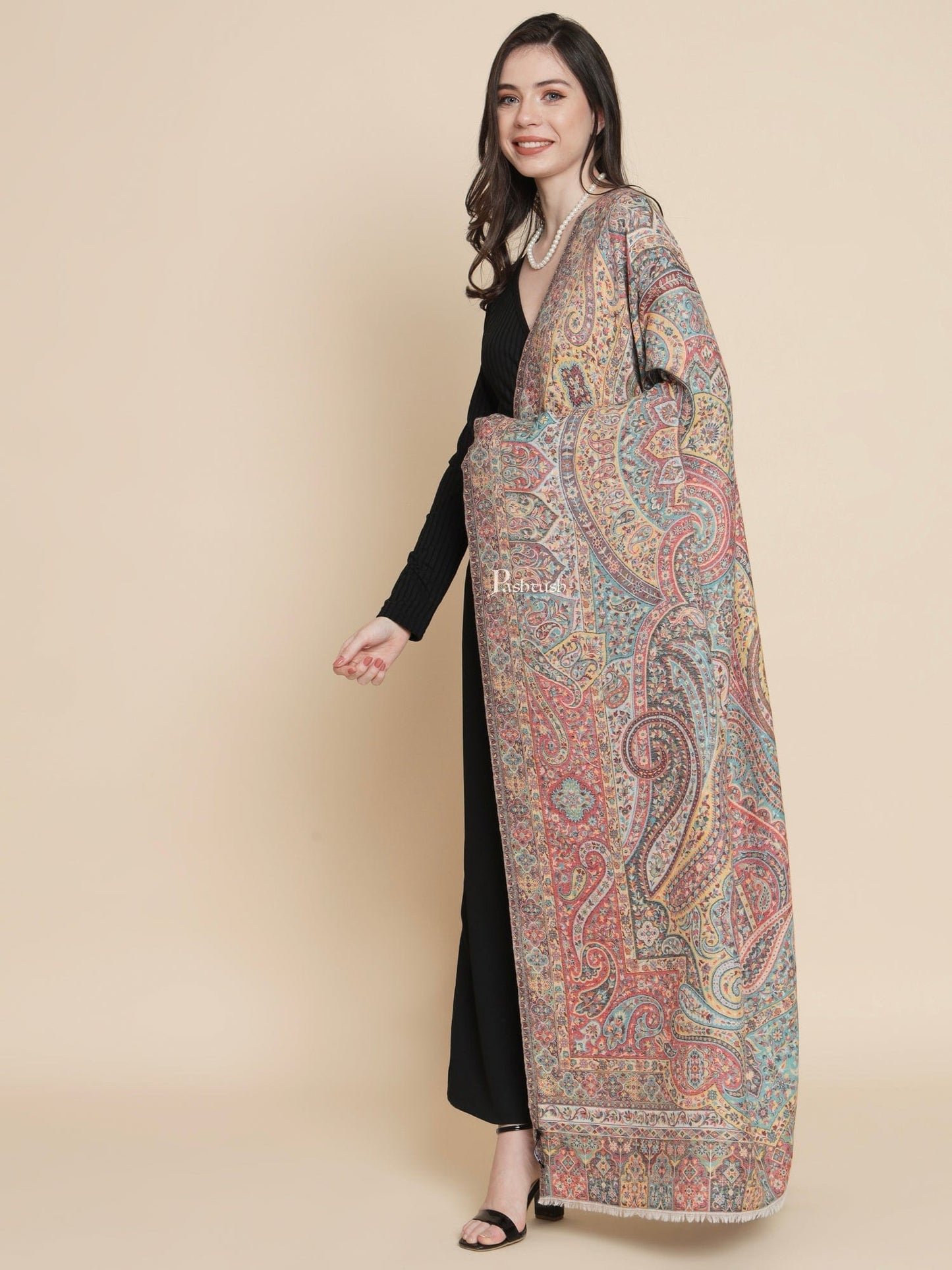 Pashtush India Womens Shawls Pashtush Womens Womens, 100% Pure Wool With Woolmark Certificate, Paisley Antique Jamawar Woven, Ivory