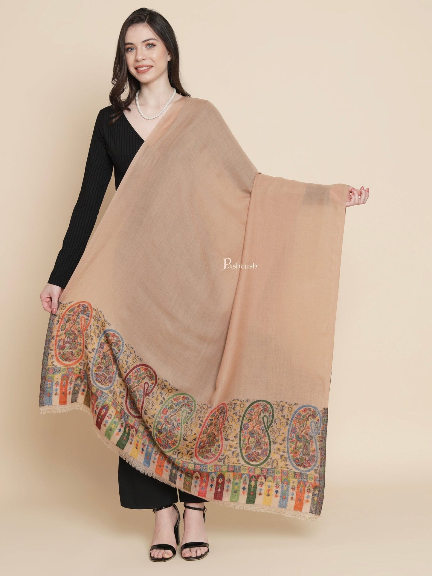 Pashtush India Womens Shawls Pashtush Womens Womens, 100% Pure Wool With Woolmark Certificate, Paisley Beautilful Paisle Woven, Beige