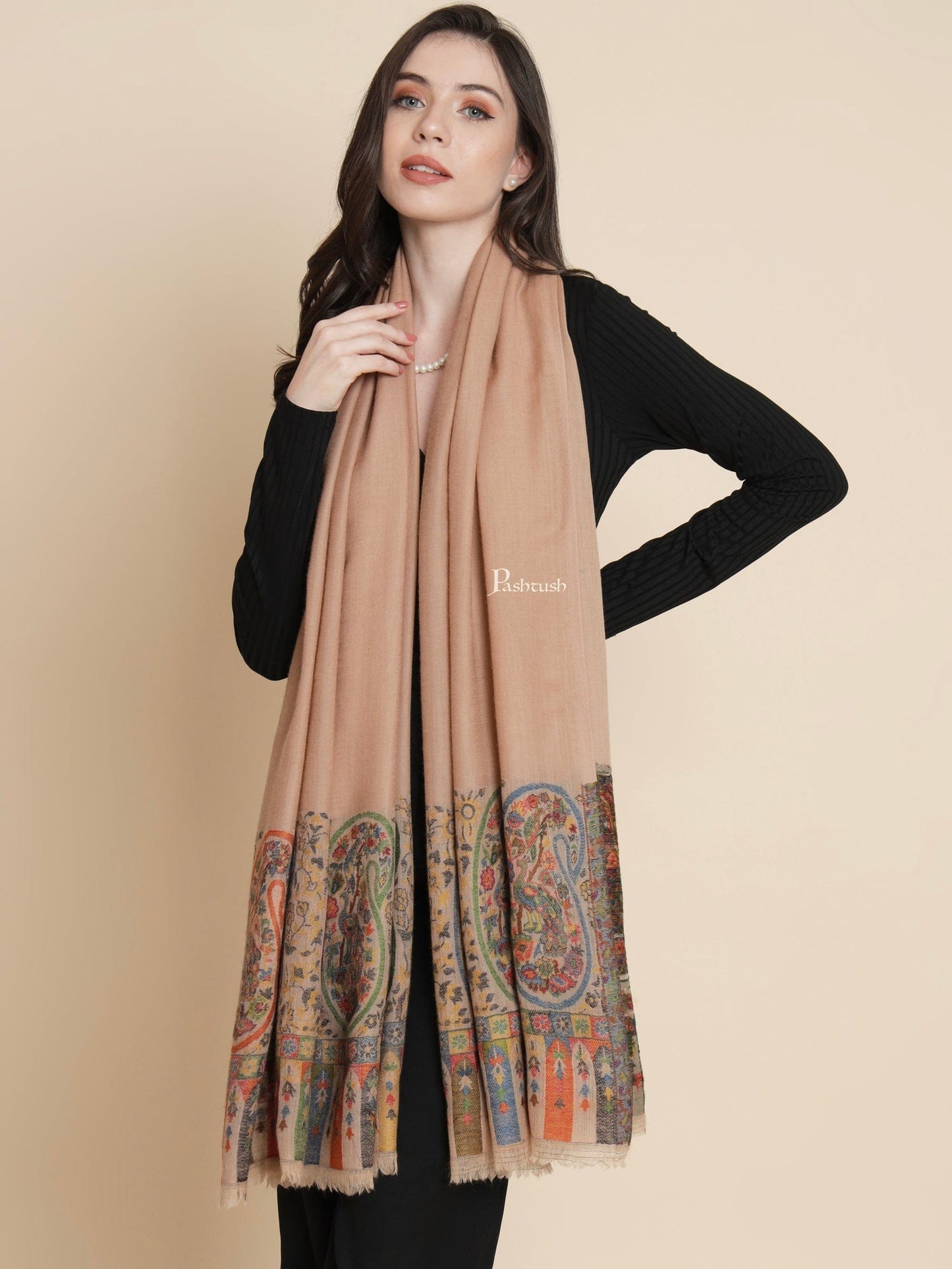 Pashtush India Womens Shawls Pashtush Womens Womens, 100% Pure Wool With Woolmark Certificate, Paisley Beautilful Paisle Woven, Beige