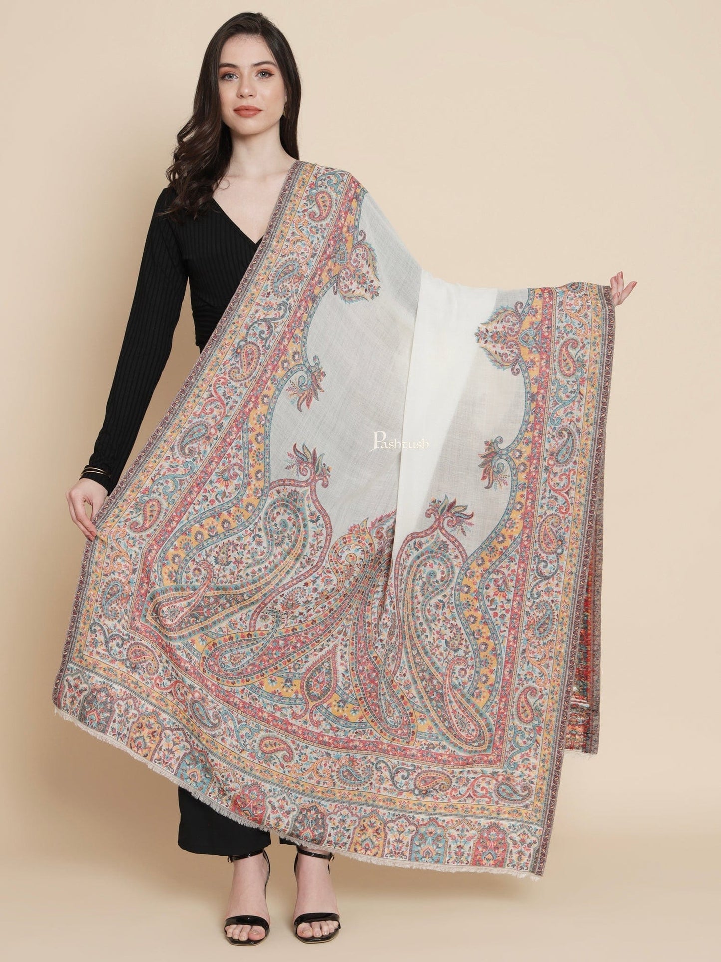 Pashtush India Womens Shawls Pashtush Womens Womens, 100% Pure Wool With Woolmark Certificate, Paisley Heritage Antique Woven, Ivory