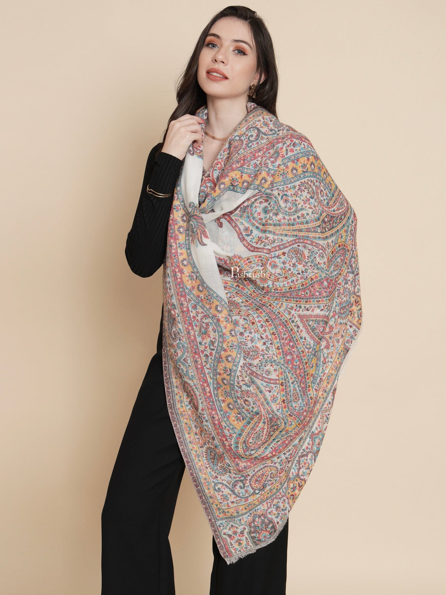 Pashtush India Womens Shawls Pashtush Womens Womens, 100% Pure Wool With Woolmark Certificate, Paisley Heritage Antique Woven, Ivory