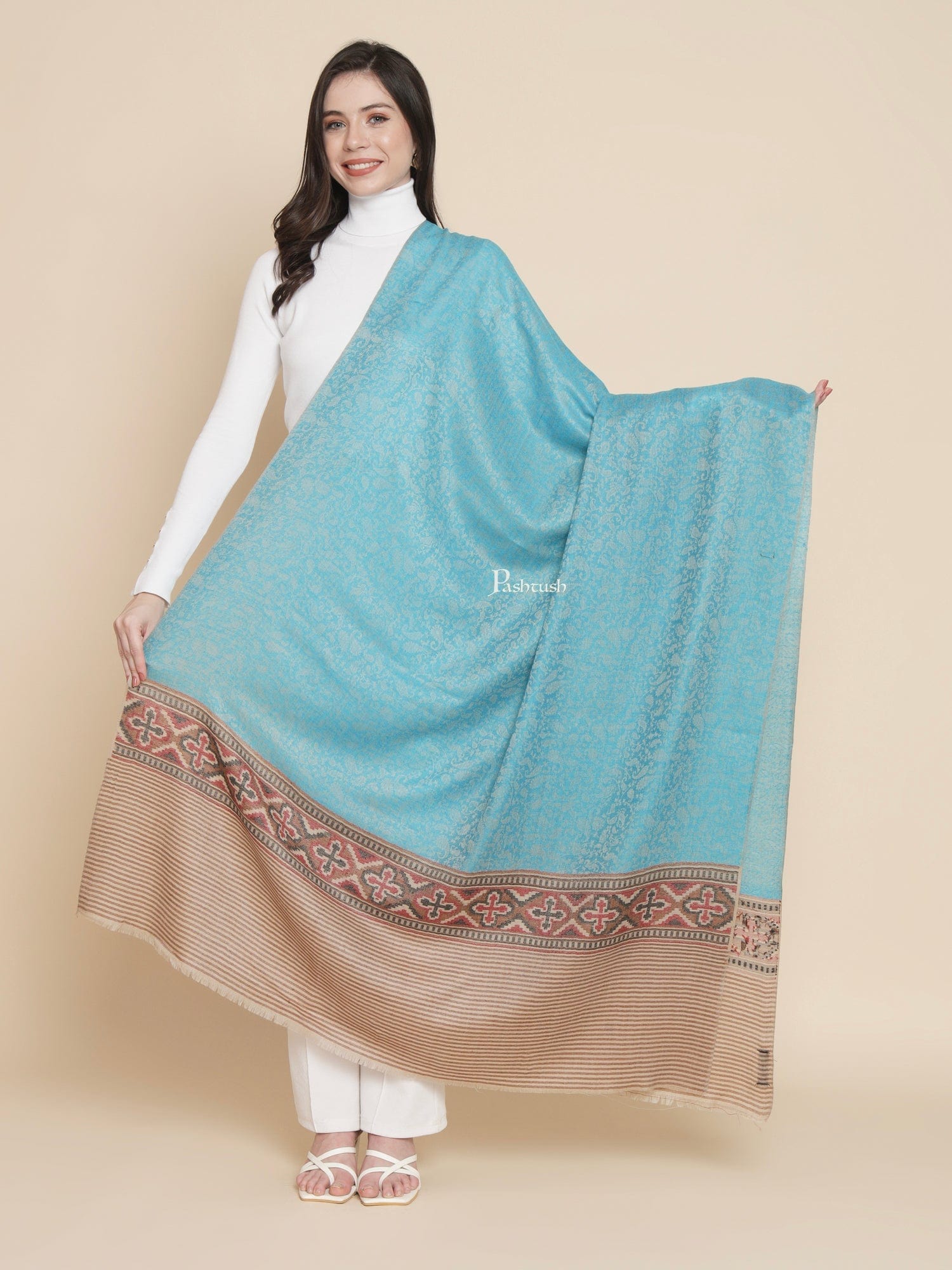 Pashtush India Womens Shawls Pashtush Womens Womens, Extra Fine Wool, Aztec Palla Woven, Aqua Blue