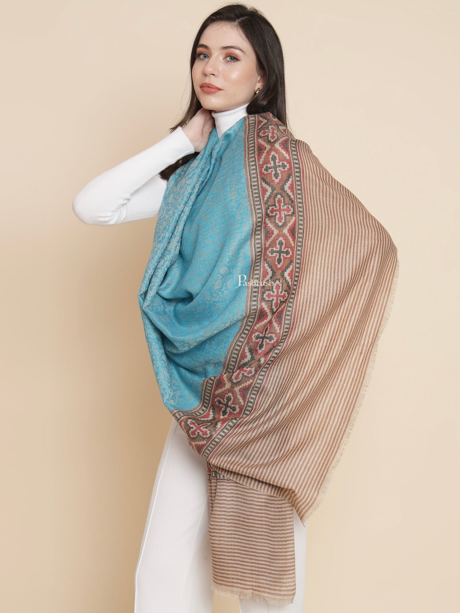Pashtush India Womens Shawls Pashtush Womens Womens, Extra Fine Wool, Aztec Palla Woven, Aqua Blue