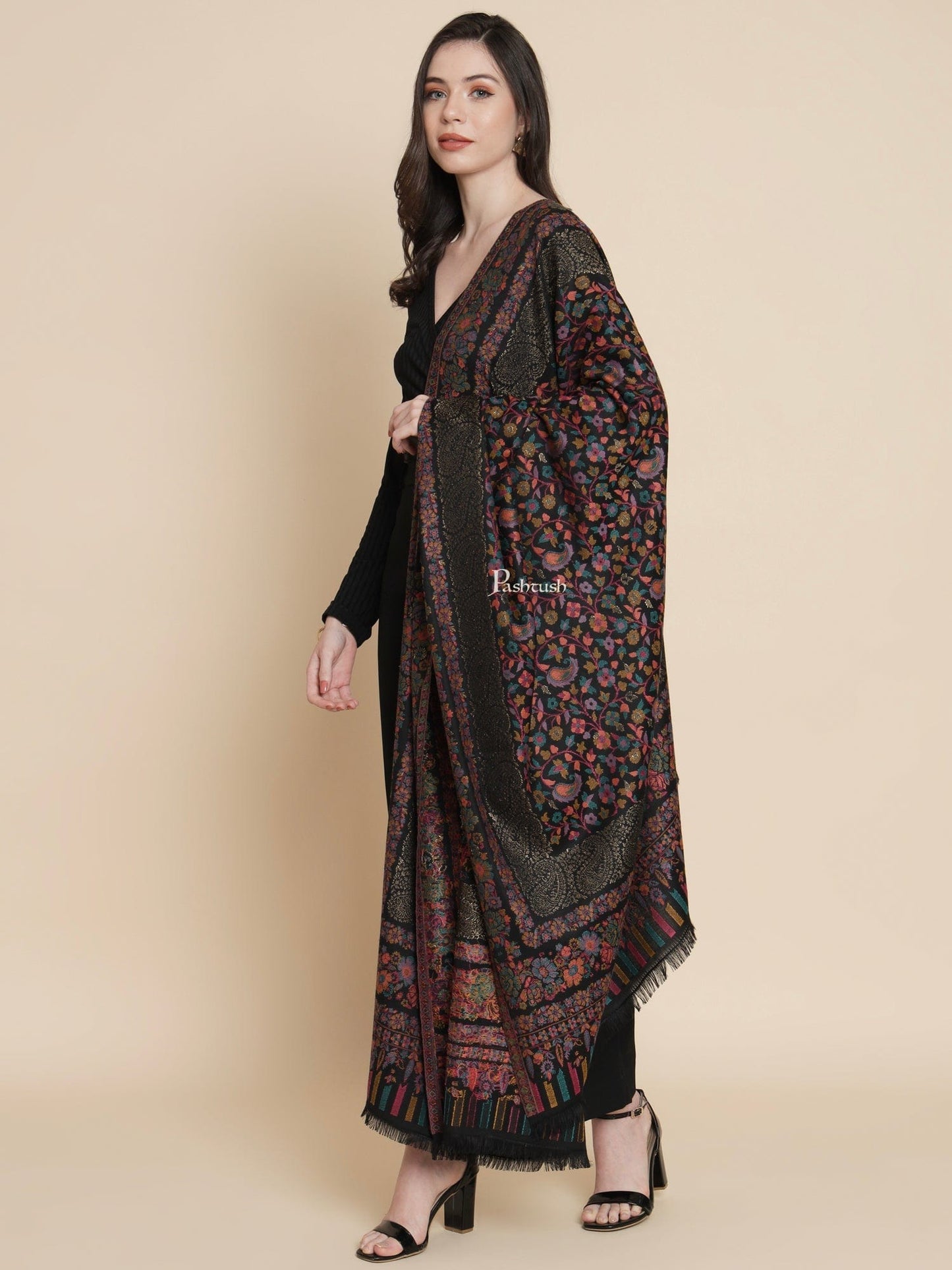 Pashtush India Womens Shawls Pashtush Womens Womens, Faux Pashmina, Paisley Metallic Zari Border Woven, Black