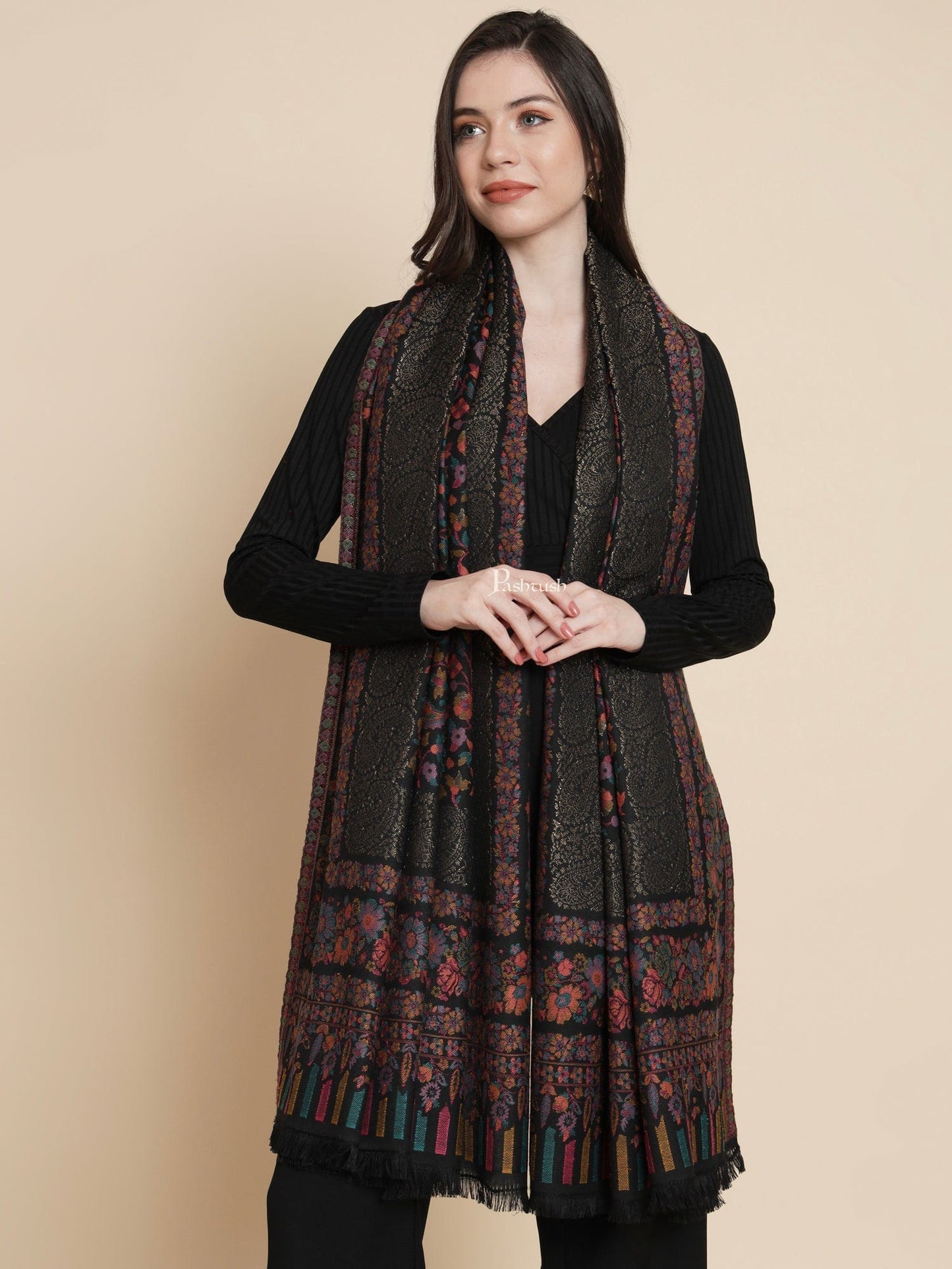 Pashtush India Womens Shawls Pashtush Womens Womens, Faux Pashmina, Paisley Metallic Zari Border Woven, Black