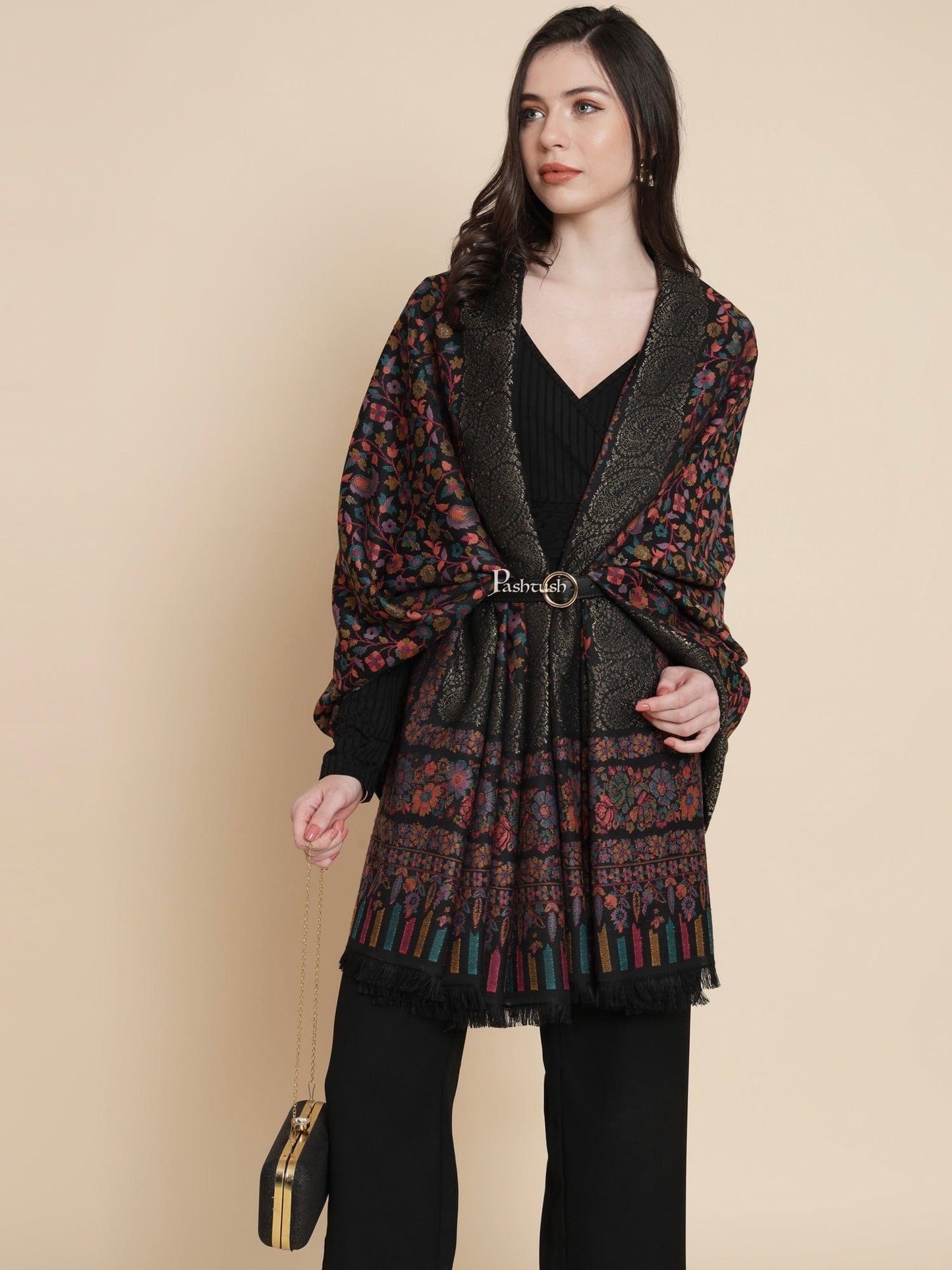Pashtush India Womens Shawls Pashtush Womens Womens, Faux Pashmina, Paisley Metallic Zari Border Woven, Black
