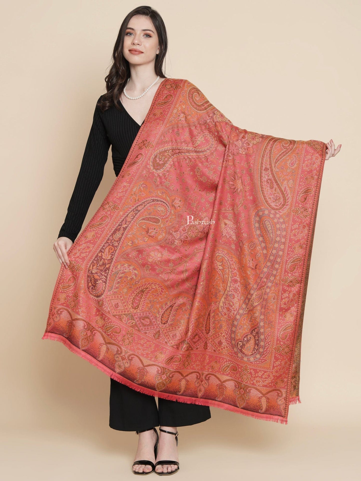 Pashtush India Womens Shawls Pashtush Womens Womens, Faux Pashmina, Paisley Woven Jamawar Jacquard Paisley Woven, Rose