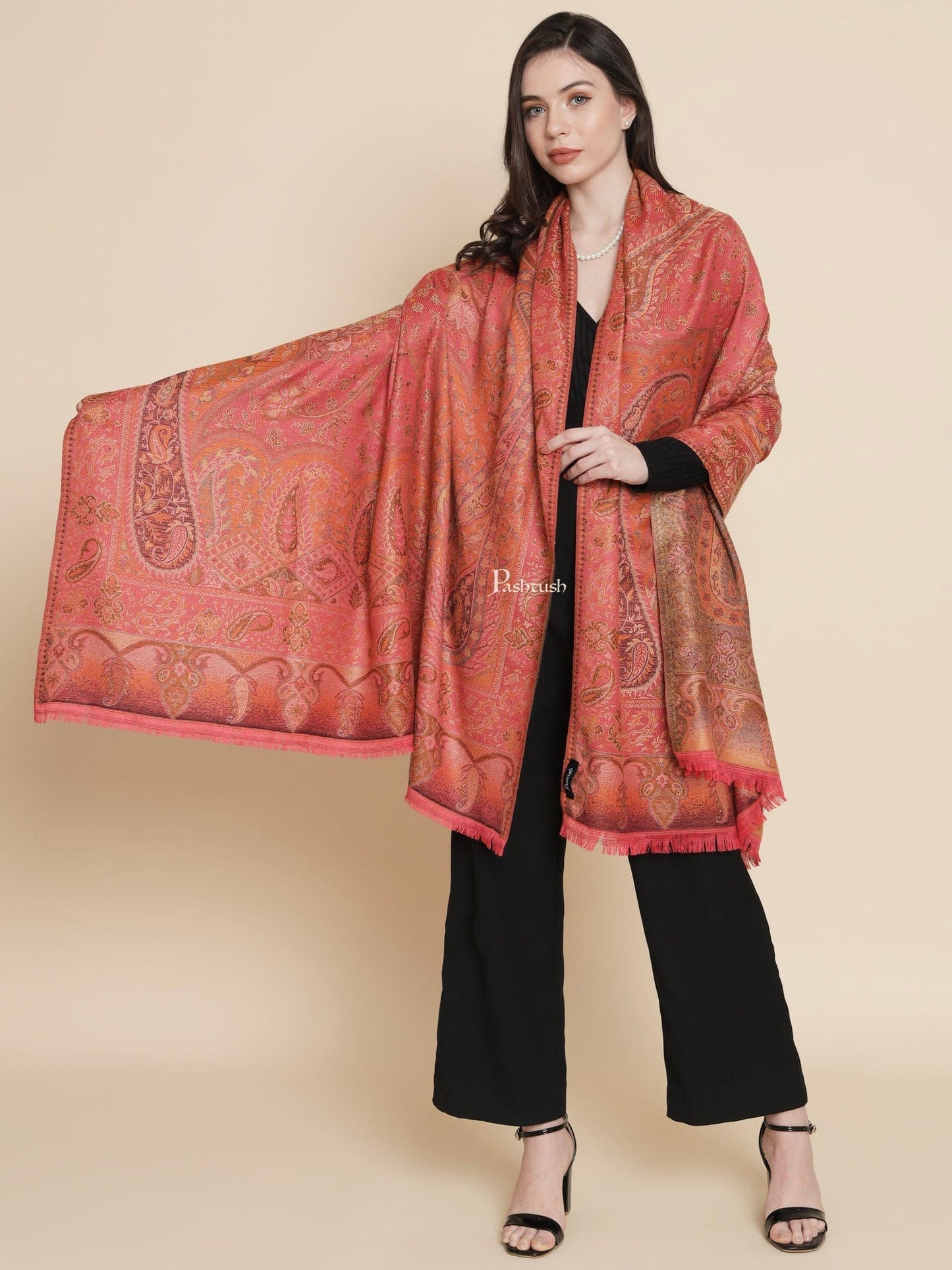 Pashtush India Womens Shawls Pashtush Womens Womens, Faux Pashmina, Paisley Woven Jamawar Jacquard Paisley Woven, Rose