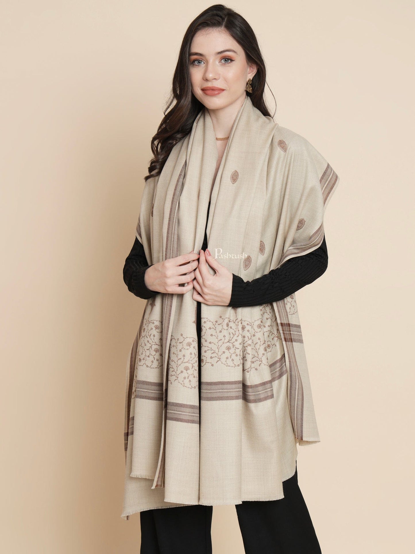 Pashtush India Womens Shawls Pashtush Womens Womens, Fine Wool, Bootey Kashmiri Embroidery, Beige