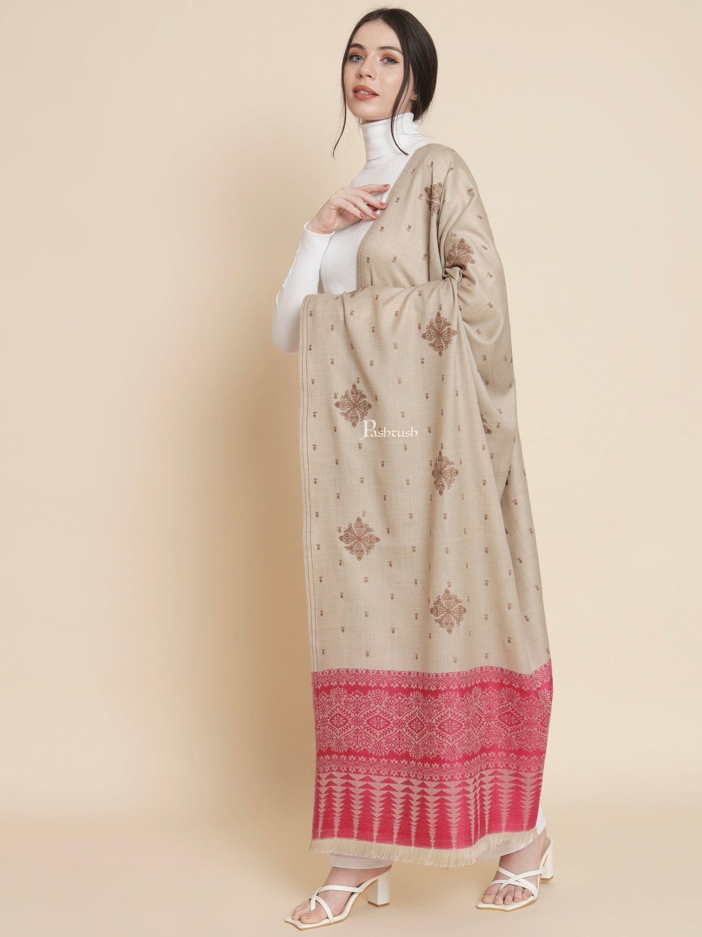 Pashtush India Womens Shawls Pashtush Womens Womens, Fine Wool, Bootey Kashmiri Embroidery, Beige