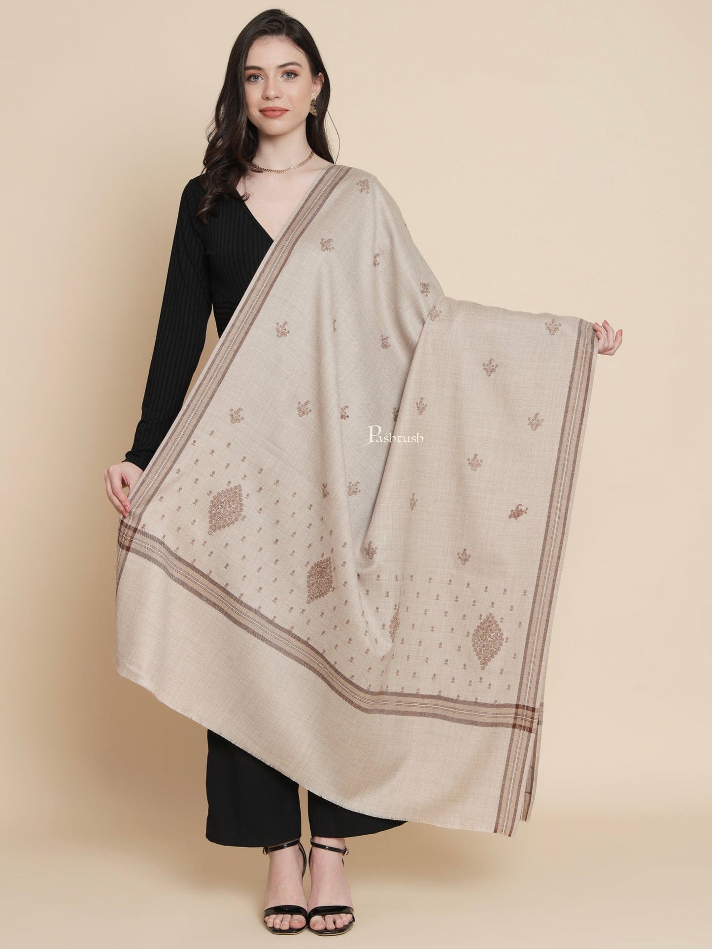 Pashtush India Womens Shawls Pashtush Womens Womens, Fine Wool, Bootey Kashmiri Embroidery, Taupe