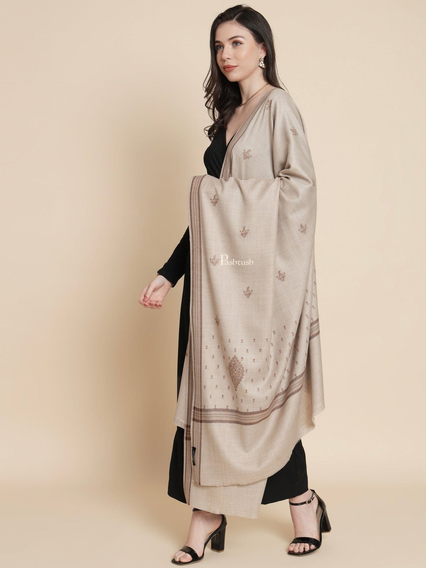 Pashtush India Womens Shawls Pashtush Womens Womens, Fine Wool, Bootey Kashmiri Embroidery, Taupe
