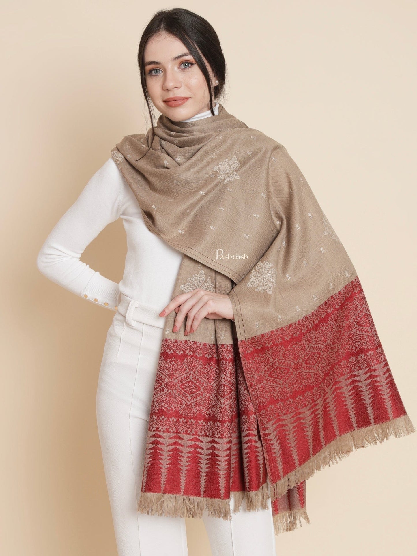 Pashtush India Womens Shawls Pashtush Womens Womens, Fine Wool, Bootey Kashmiri Embroidery, Taupe