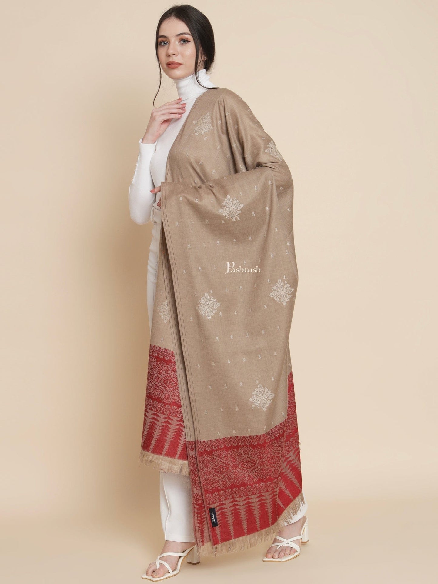 Pashtush India Womens Shawls Pashtush Womens Womens, Fine Wool, Bootey Kashmiri Embroidery, Taupe