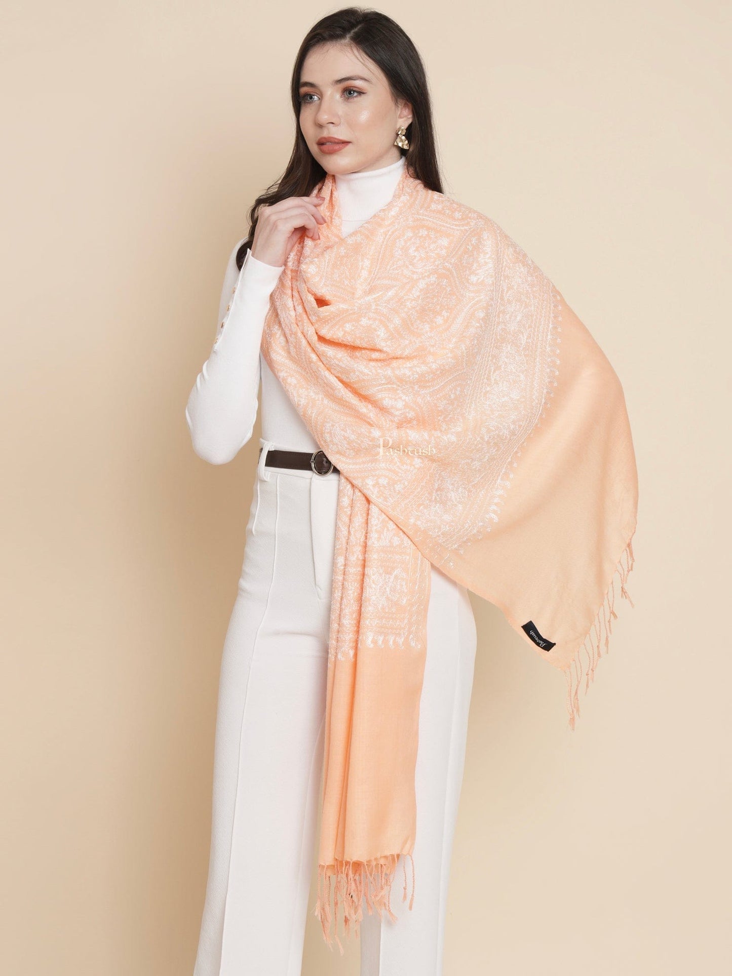 Pashtush India Womens Stoles and Scarves Scarf Pashtush Womens Womens, Fine Wool, Bootey Silky Nalki Embroidery, Peach
