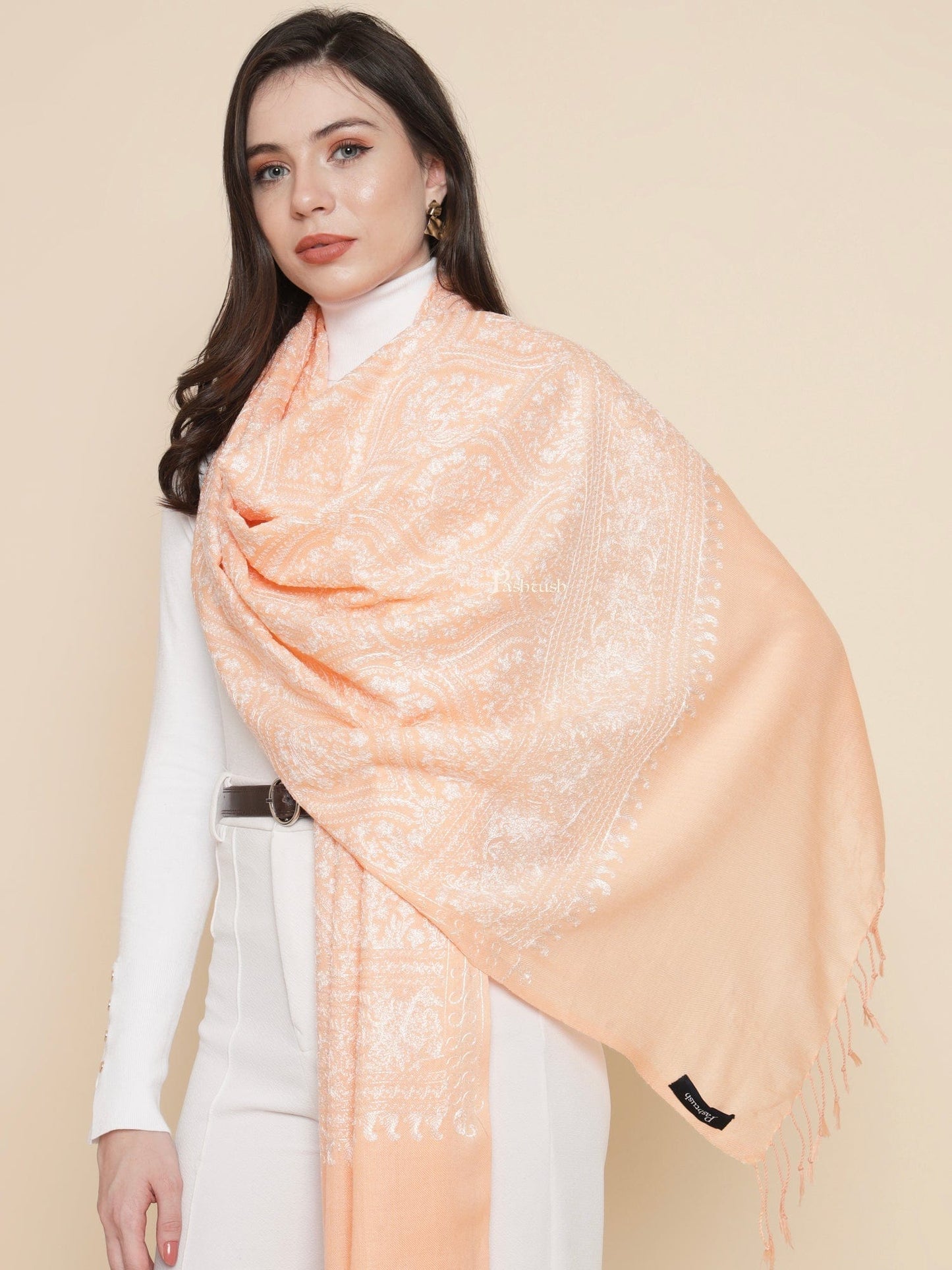 Pashtush India Womens Stoles and Scarves Scarf Pashtush Womens Womens, Fine Wool, Bootey Silky Nalki Embroidery, Peach