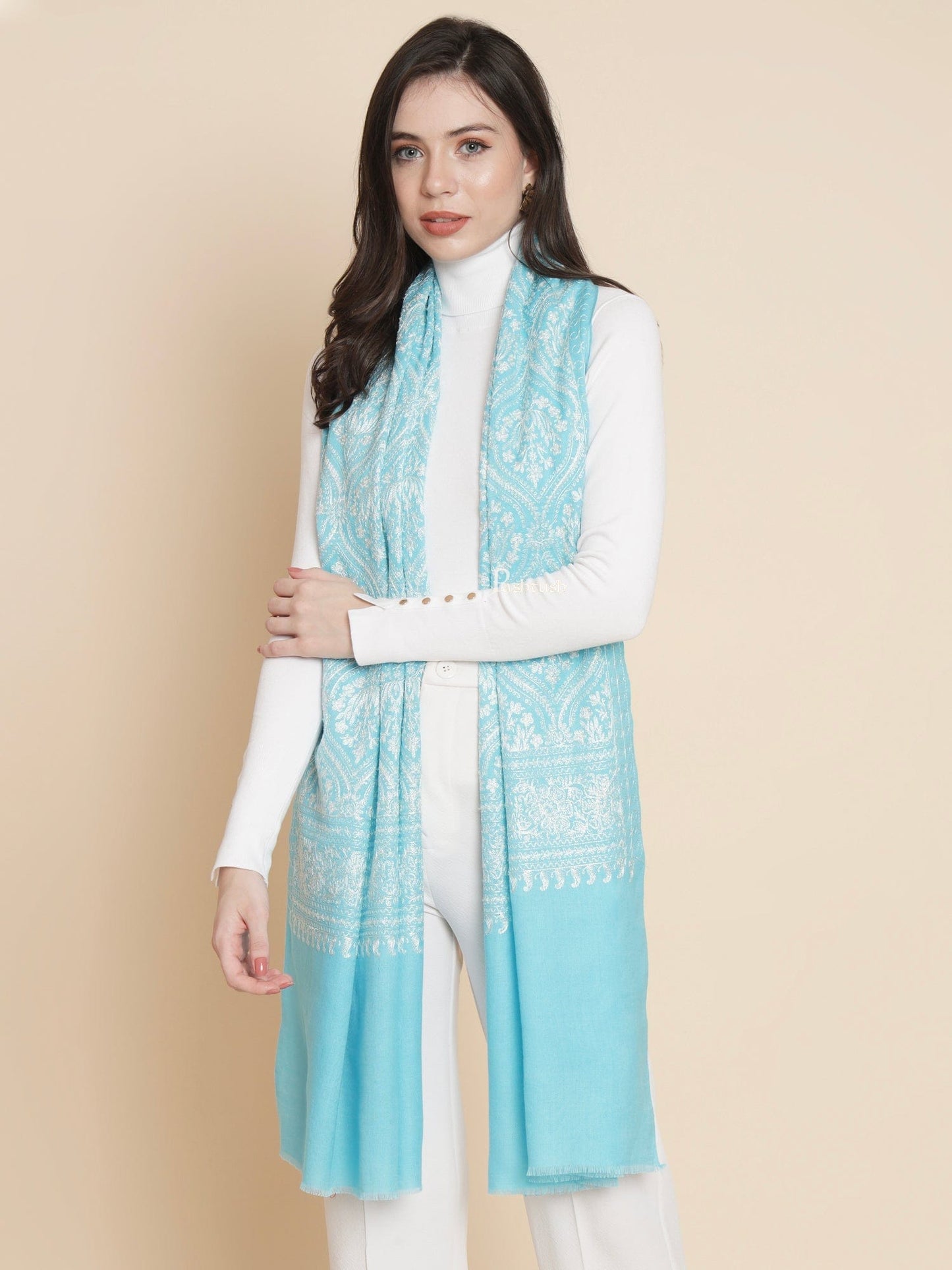 Pashtush India Womens Stoles and Scarves Scarf Pashtush Womens Womens, Fine Wool, Bootey Silky Nalki Embroidery, Seagreen