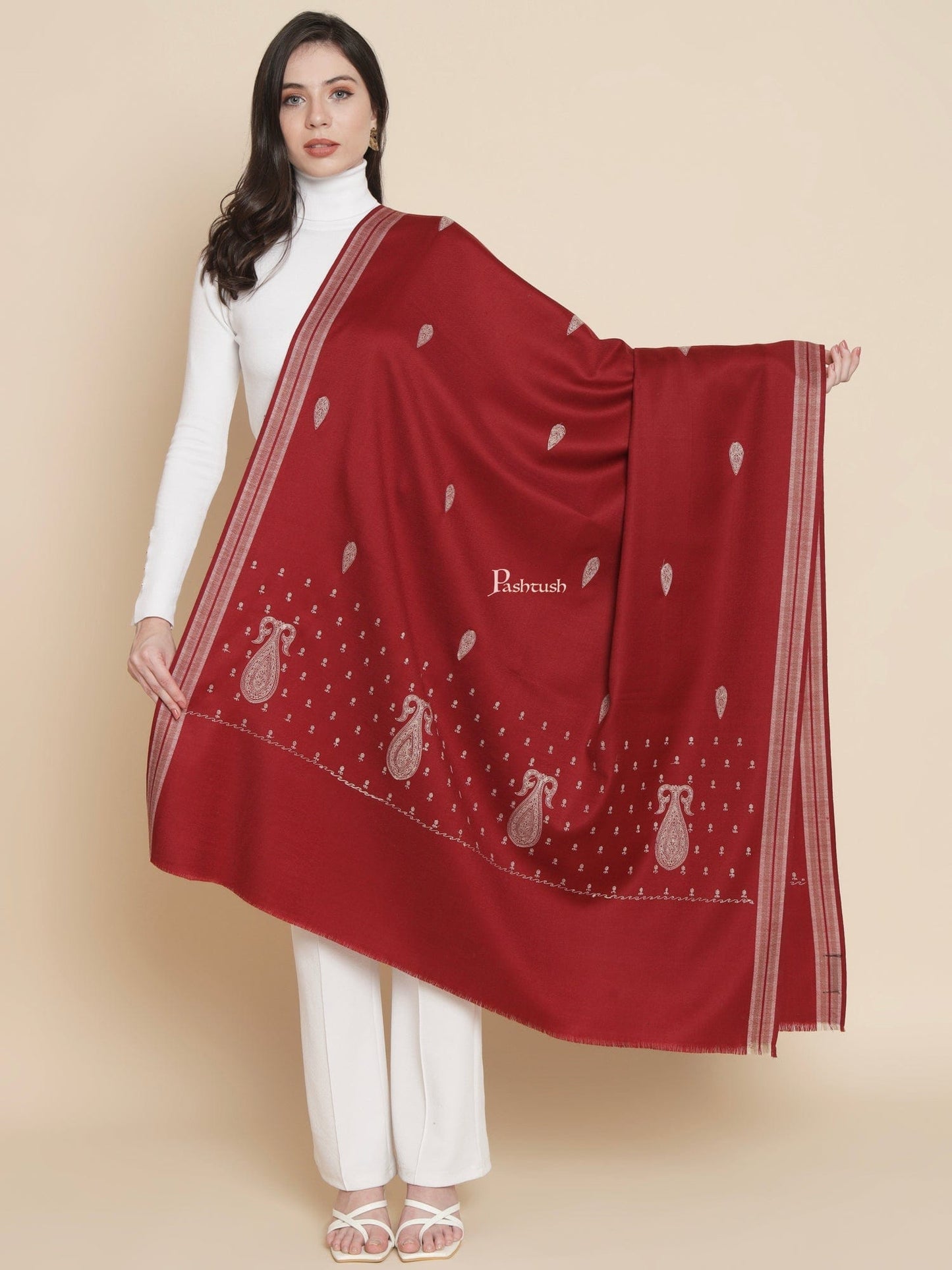 Pashtush India Womens Shawls Pashtush Womens Womens, Fine Wool, Paisley Kashmiri Embroidery, Maroon