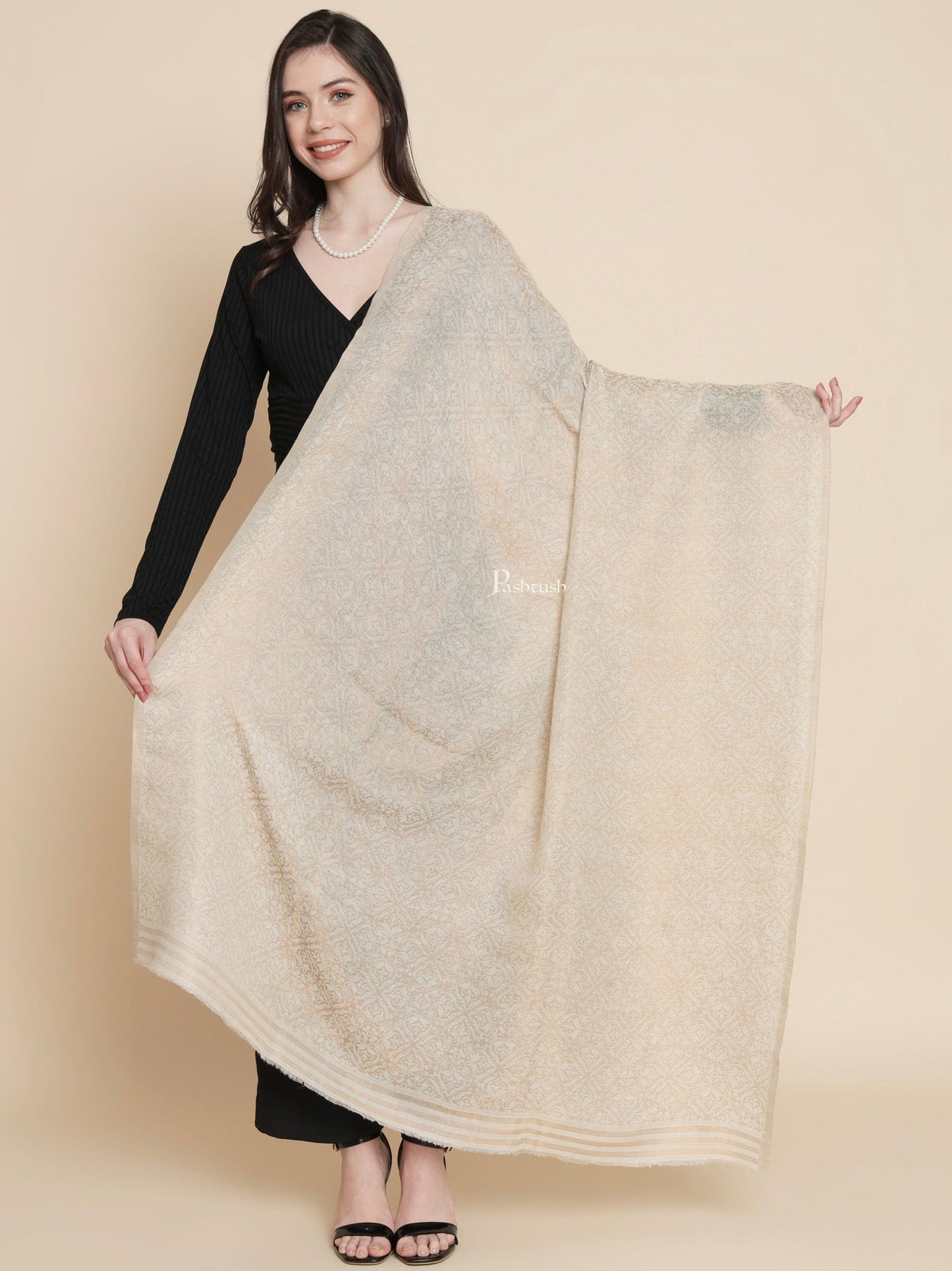 Pashtush India Womens Shawls Pashtush Womens Womens, Wool Extra Fine Count , Geometric Twilight Collection, Soft Metallic Thread Woven, Ivory