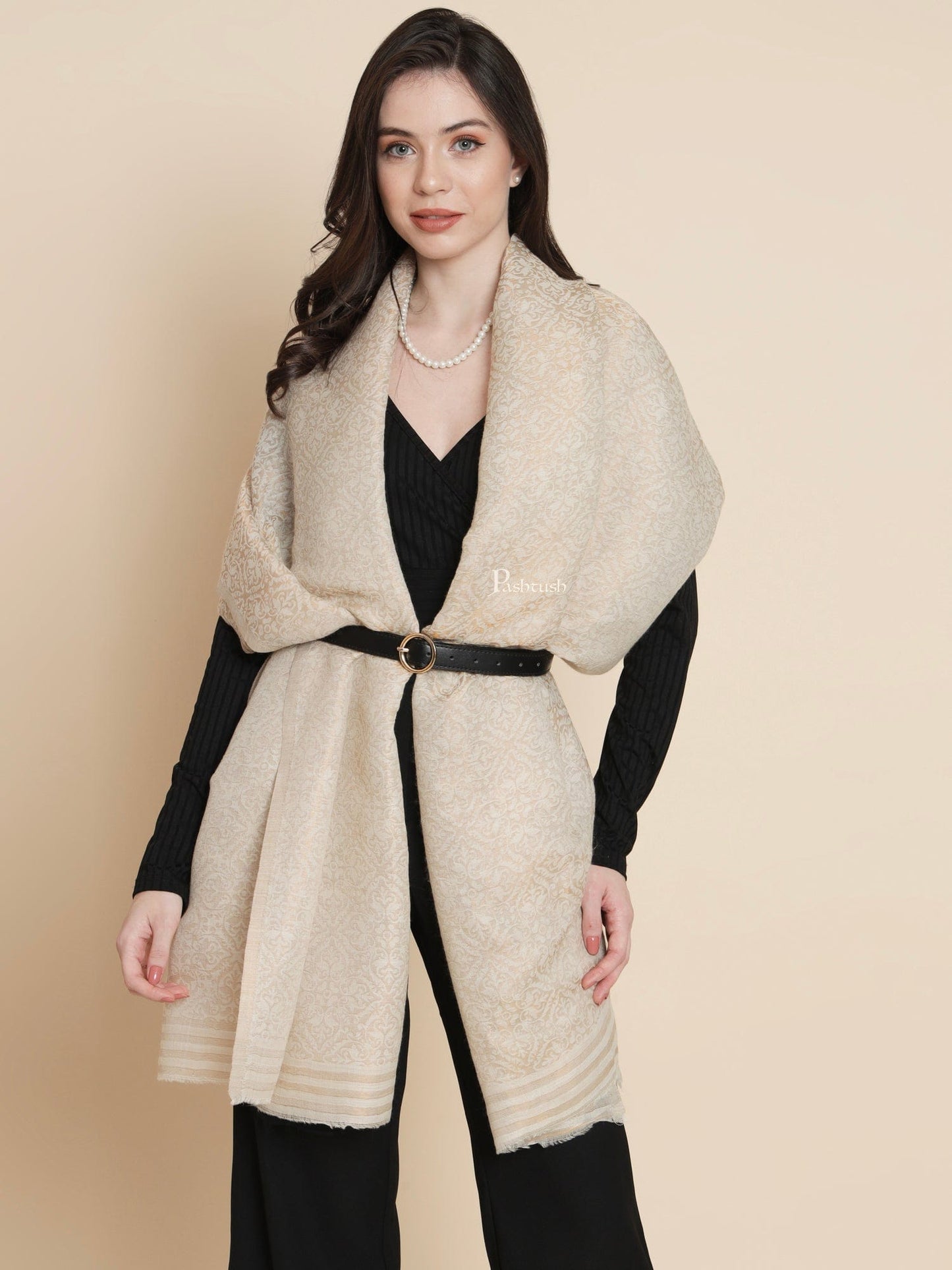 Pashtush India Womens Shawls Pashtush Womens Womens, Wool Extra Fine Count , Geometric Twilight Collection, Soft Metallic Thread Woven, Ivory