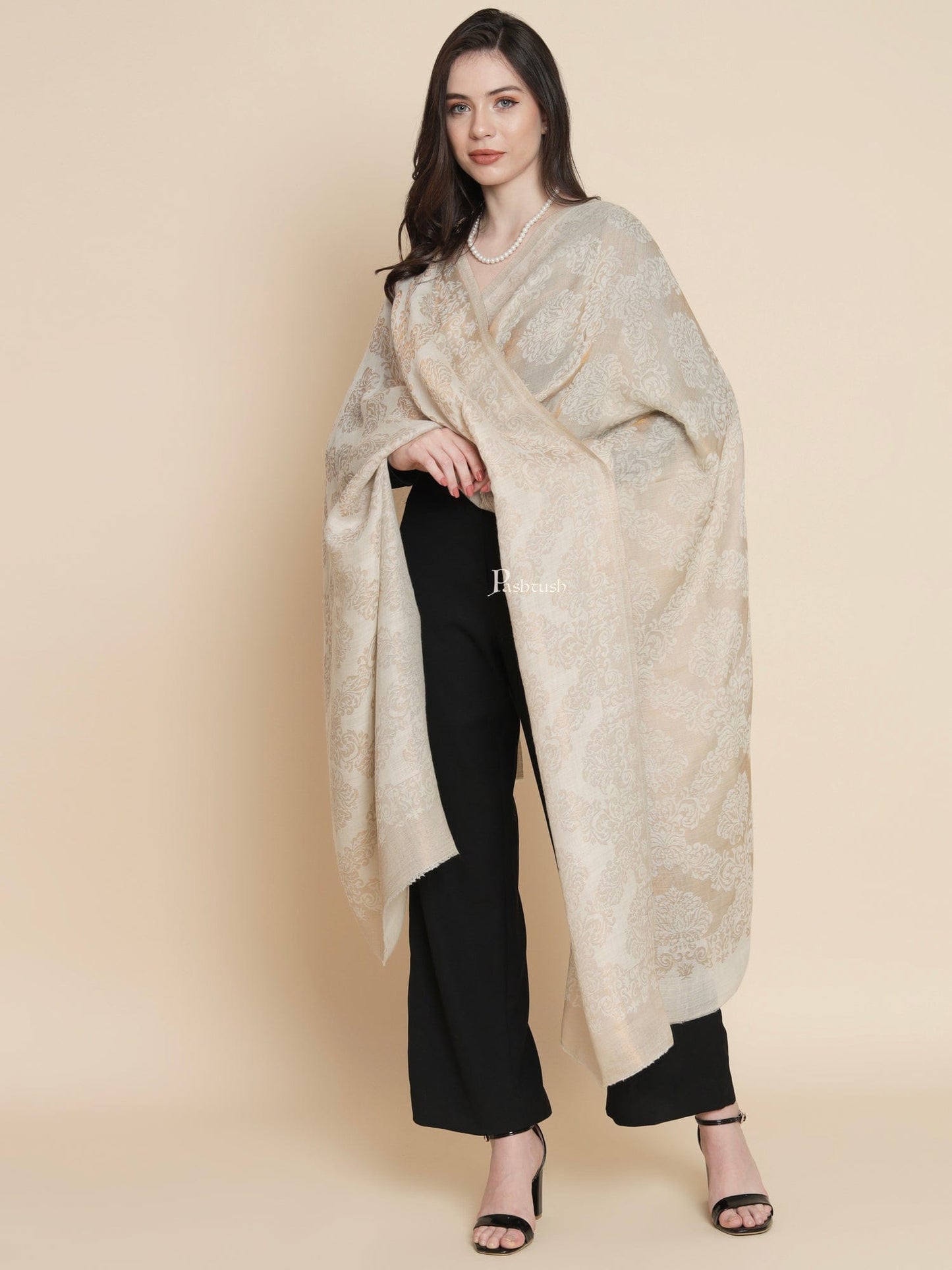 Pashtush India Womens Shawls Pashtush Womens Womens, Wool Extra Fine Count , Geometric Twilight Collection, Soft Metallic Thread Woven, Ivory