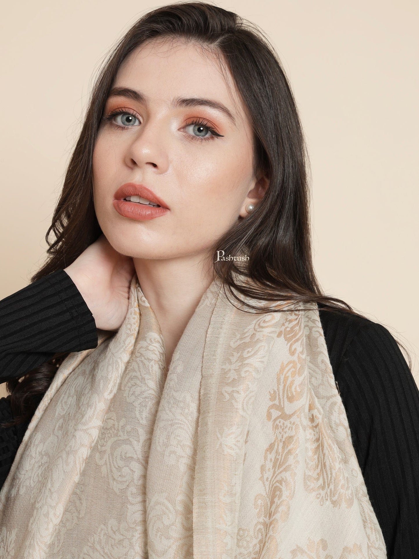 Pashtush India Womens Shawls Pashtush Womens Womens, Wool Extra Fine Count , Geometric Twilight Collection, Soft Metallic Thread Woven, Ivory