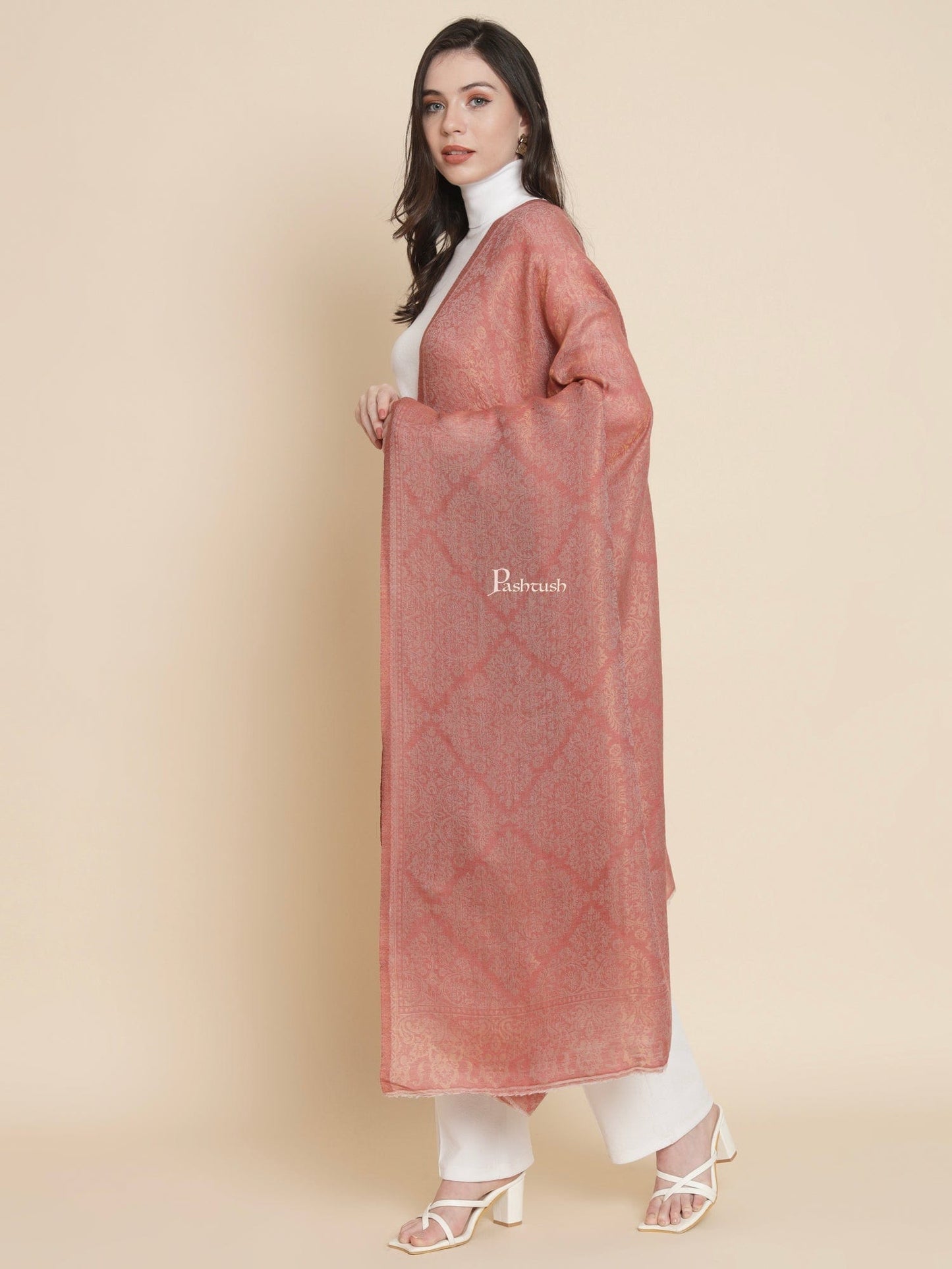 Pashtush India Womens Shawls Pashtush Womens Womens, Wool Extra Fine Count , Geometric Twilight Collection, Soft Metallic Thread Woven, Rose