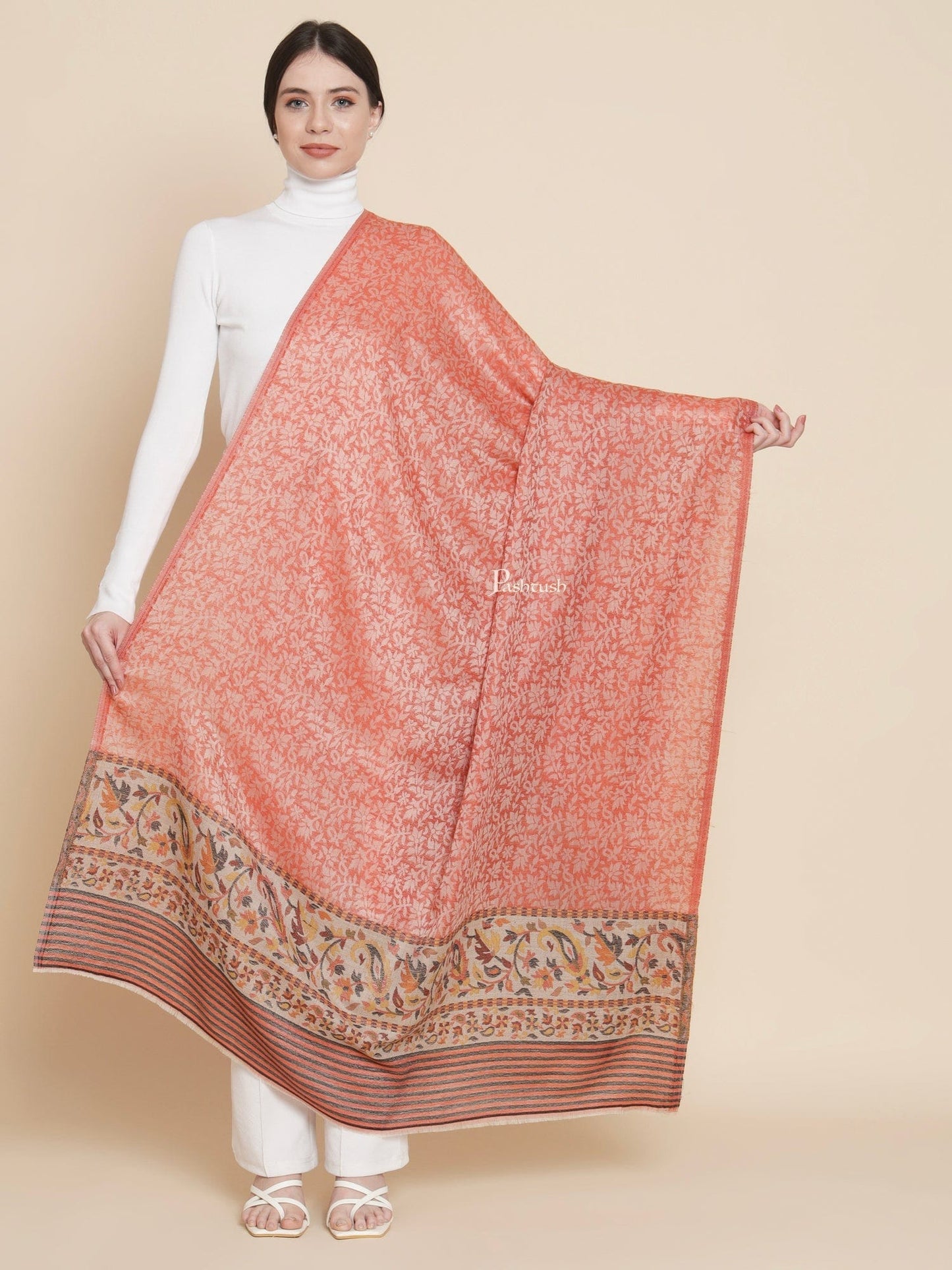 Pashtush India Womens Shawls Pashtush Womens Womens, Wool Extra Fine Count , Paisley Soft Paisley Palla Ethnic Woven, Orange