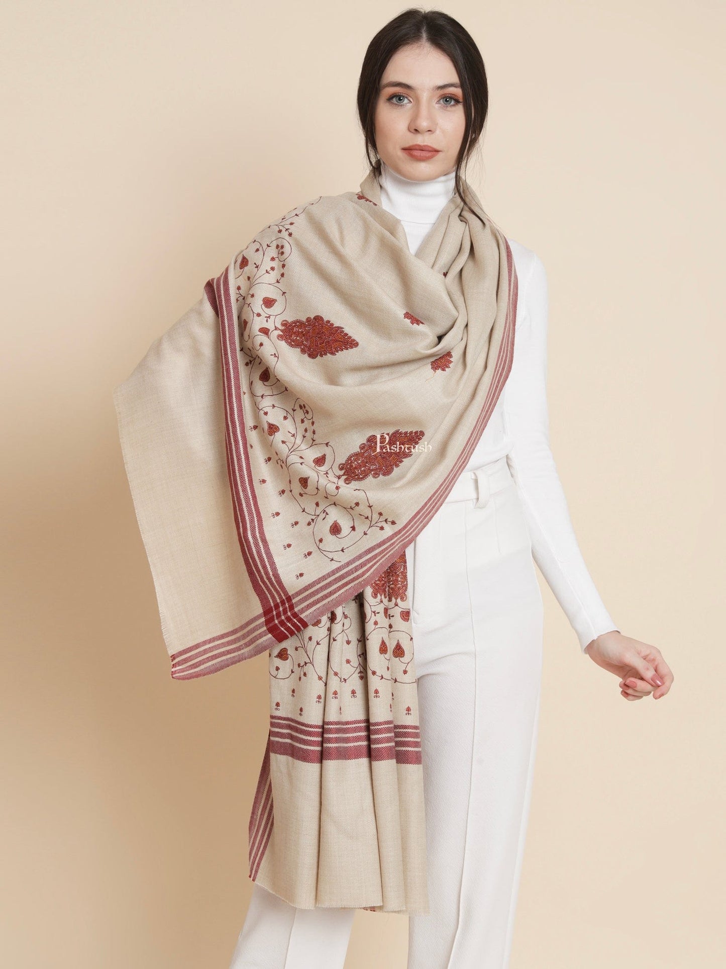 Pashtush India Womens Shawls Pashtush Womens Womens, Woollen, Paisley Large Thick And Warm, Kashmiri Embroidery Embroidery, Taupe