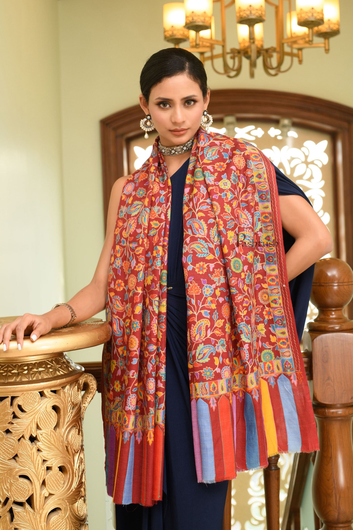 Pashtush India Womens Shawls Pashtush Womens Wool Extra Fine Count Shawl, Extra Fine Count, Kalamkari Embroidery Design, Multicolour