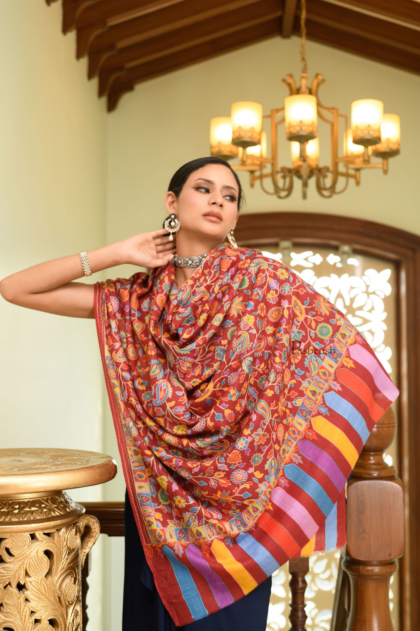 Pashtush India Womens Shawls Pashtush Womens Wool Extra Fine Count Shawl, Extra Fine Count, Kalamkari Embroidery Design, Multicolour
