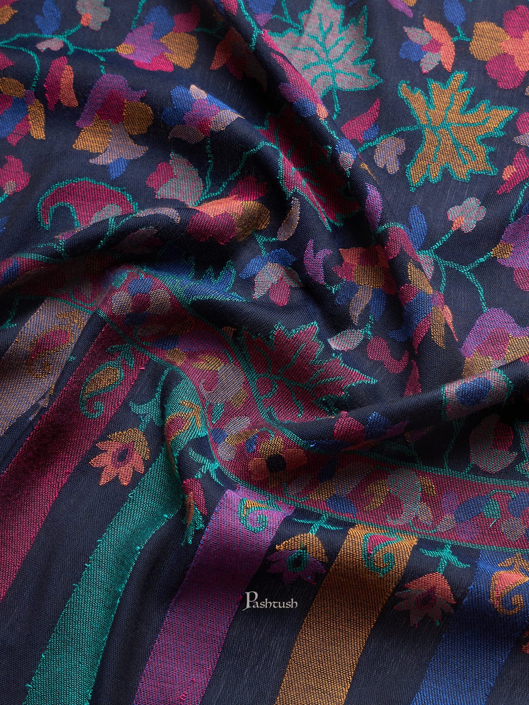 Pashtush India Womens Shawls Pashtush Womens Wool Extra Fine Count Shawl, Woven Ehtnic Chinaar Design, Blue