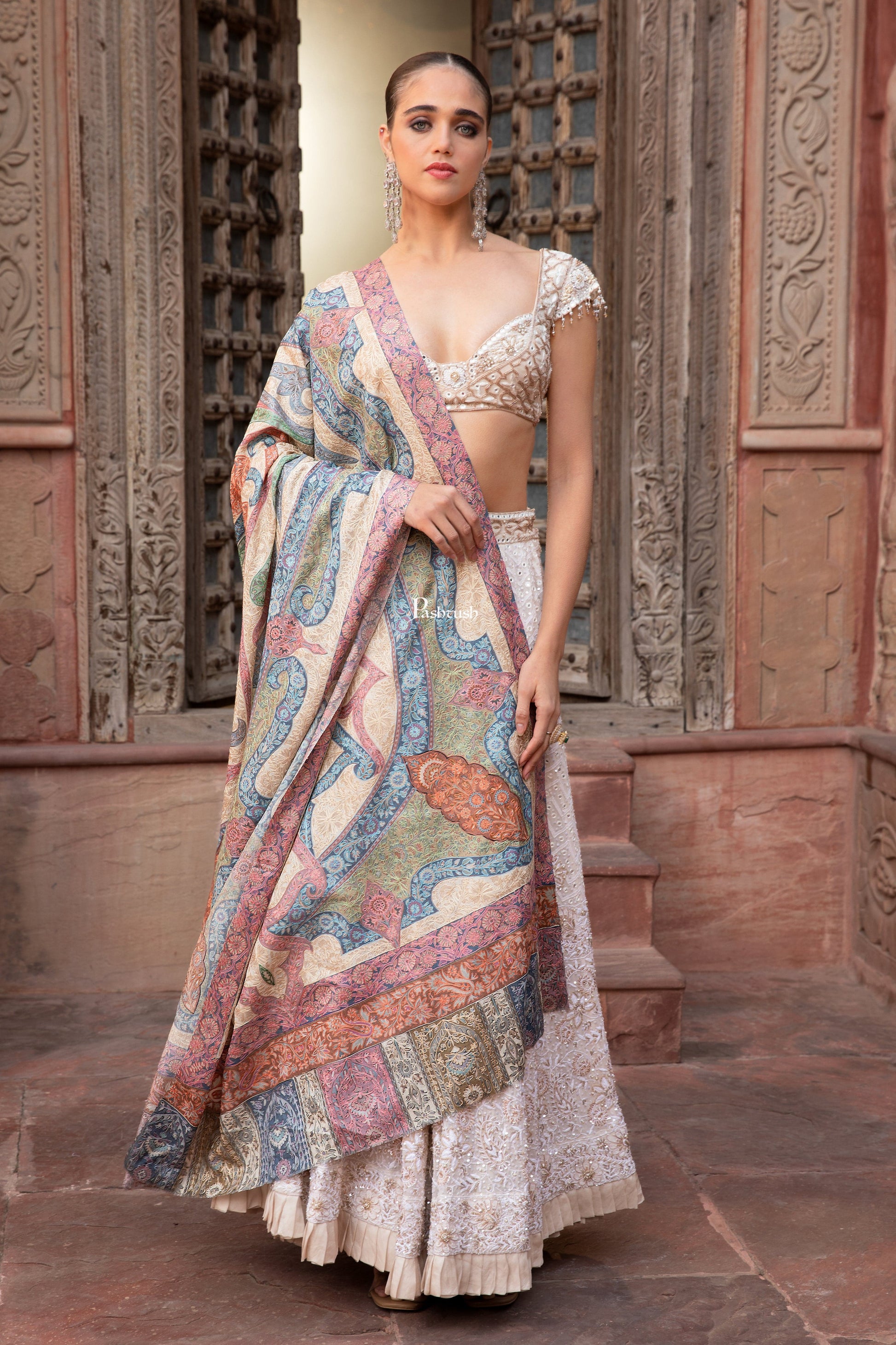 Pashtush India Womens Shawls Pashtush Womens Wool Silk Shawl, Kalamkari Embroidery Design, Multicolour