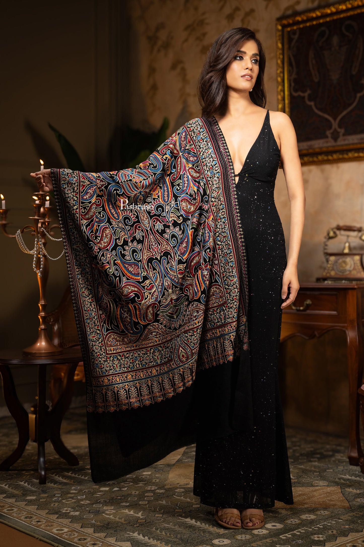 Pashtush India Womens Shawls Pashtush Womens Wool Silk Stole, Silky Embroidery, Fine Stitch Design, Black