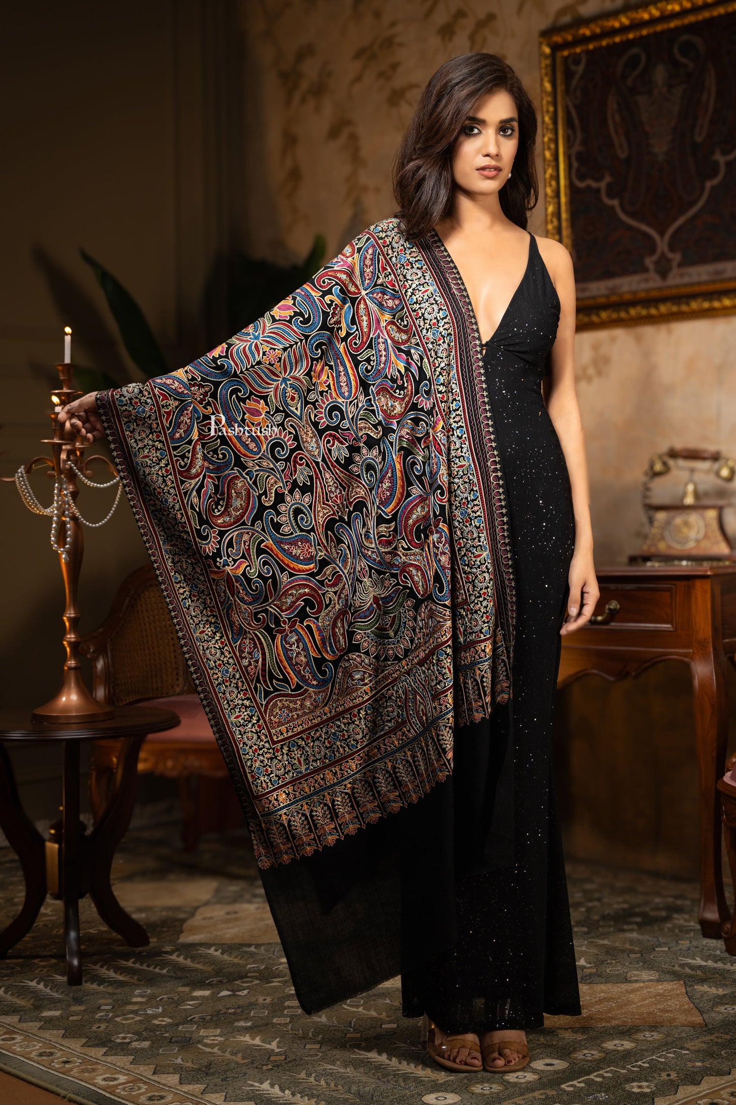 Pashtush India Womens Shawls Pashtush Womens Wool Silk Stole, Silky Embroidery, Fine Stitch Design, Black