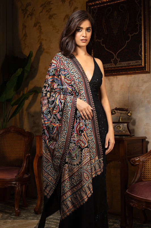 Pashtush India Womens Shawls Pashtush Womens Wool Silk Stole, Silky Embroidery, Fine Stitch Design, Black