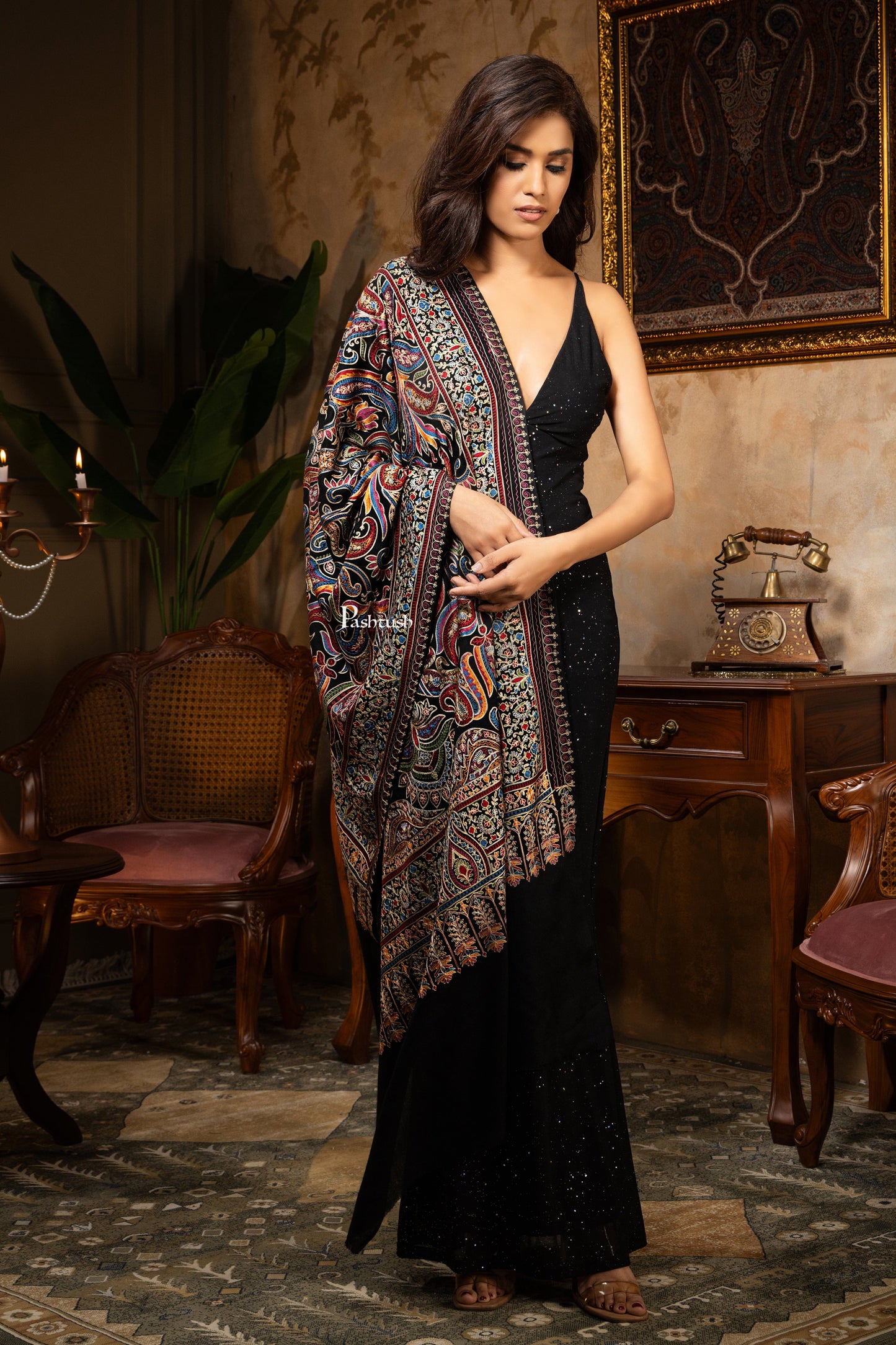Pashtush India Womens Shawls Pashtush Womens Wool Silk Stole, Silky Embroidery, Fine Stitch Design, Black