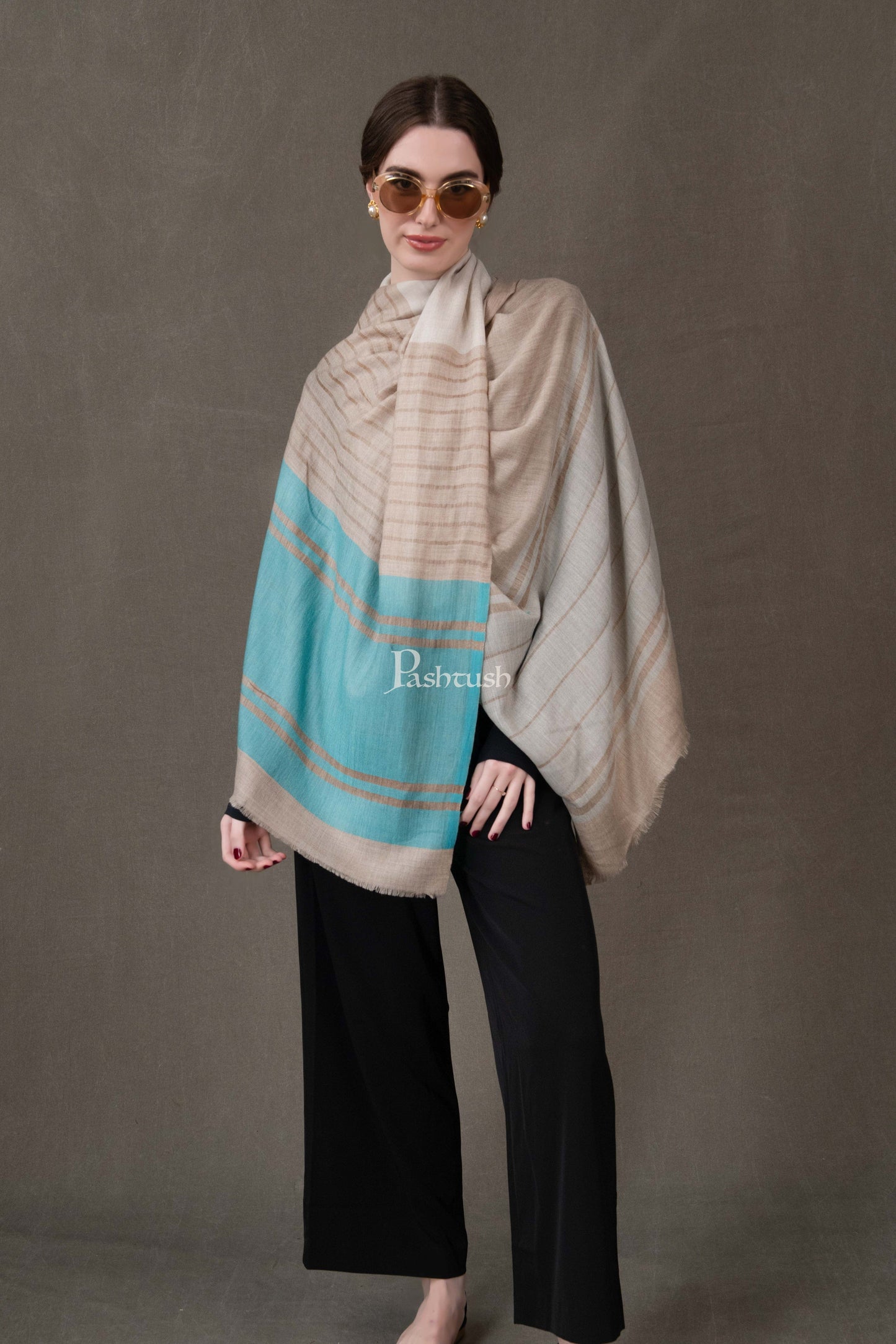 Pashtush India Womens Stoles and Scarves Scarf Pashtush Womens Wool Silk Stole, Twilight Collection, Beige And Blue