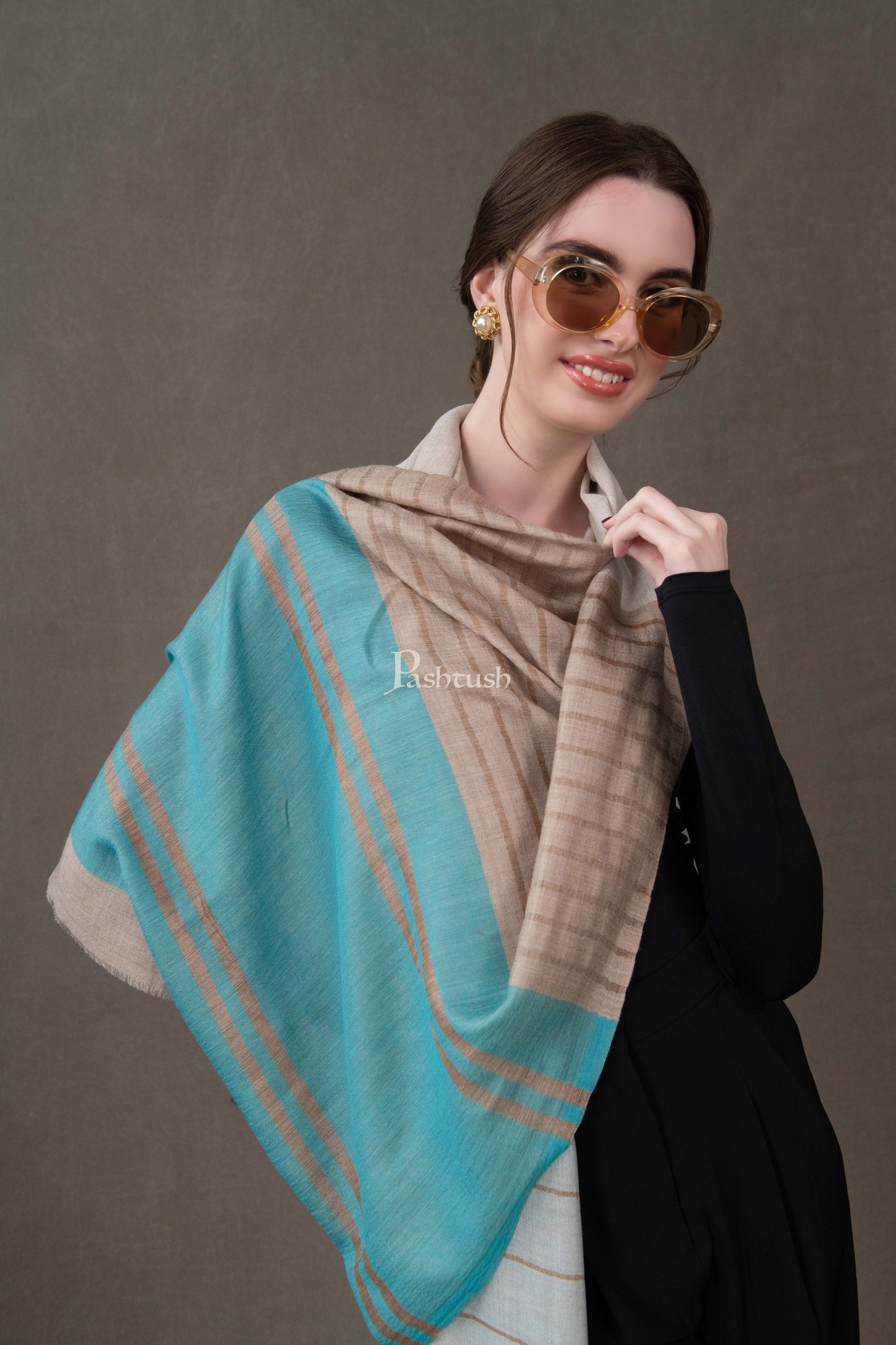 Pashtush India Womens Stoles and Scarves Scarf Pashtush Womens Wool Silk Stole, Twilight Collection, Beige And Blue