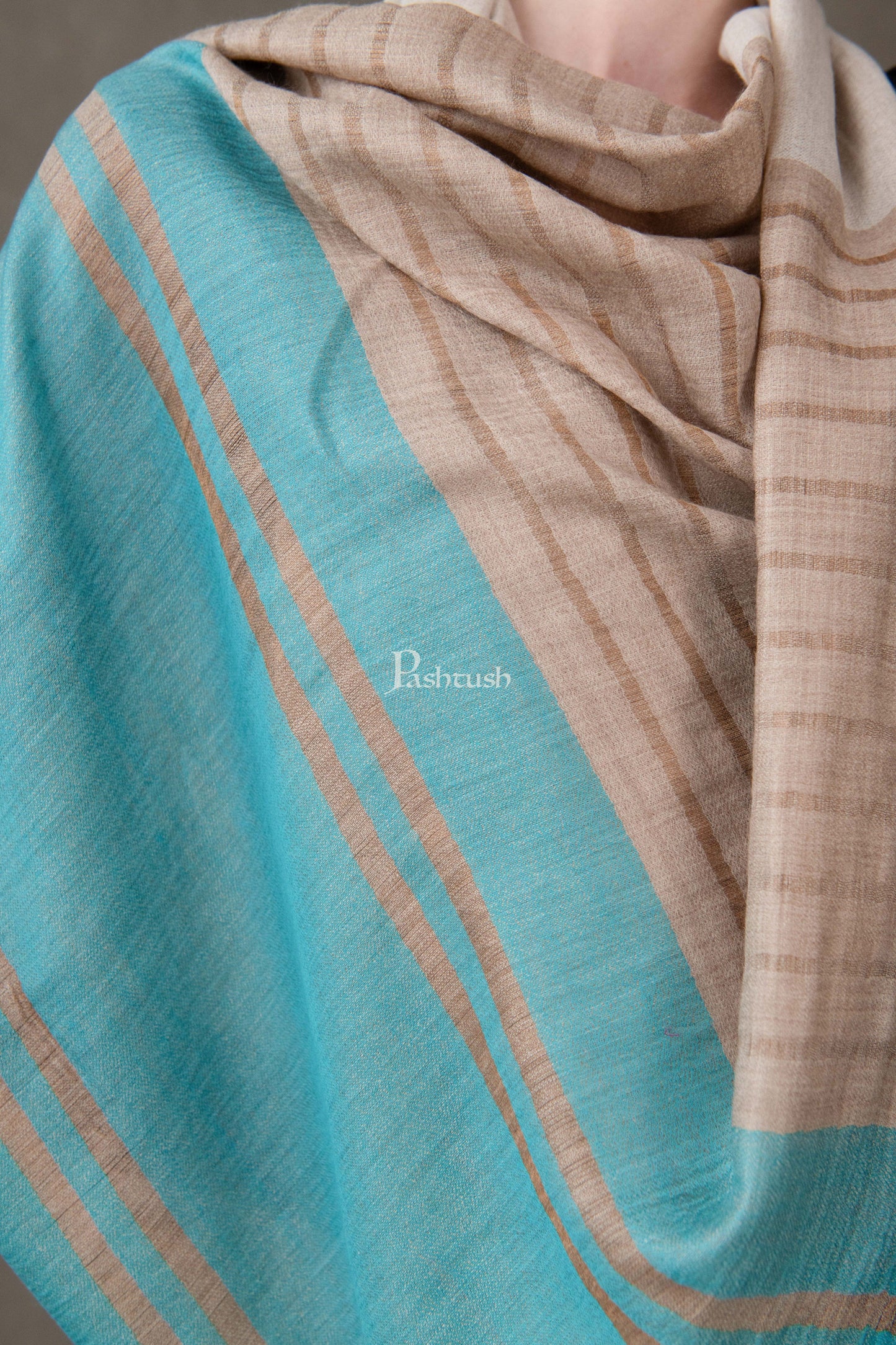 Pashtush India Womens Stoles and Scarves Scarf Pashtush Womens Wool Silk Stole, Twilight Collection, Beige And Blue