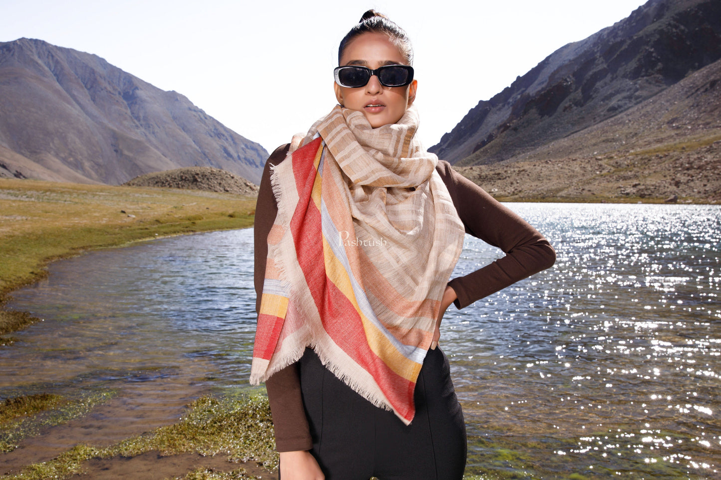 Pashtush India Womens Stoles and Scarves Scarf Pashtush Womens Wool Silk Stole, Twilight Collection, Soft Woven Stripes Design, Earthy Tan