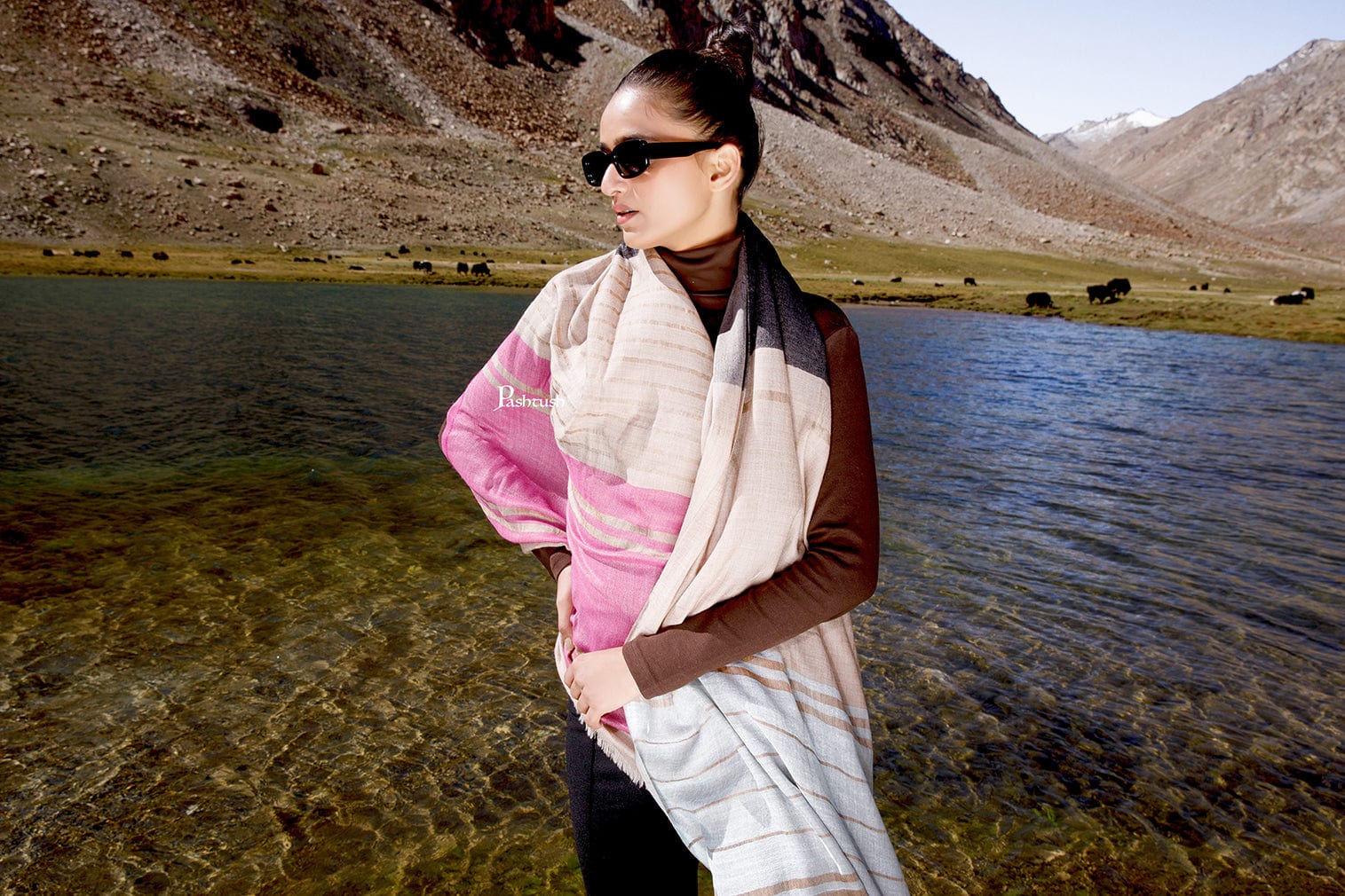 Pashtush India Womens Stoles and Scarves Scarf Pashtush Womens Wool Silk Stole, Twilight Collection, Soft Woven Stripes, Flamingo