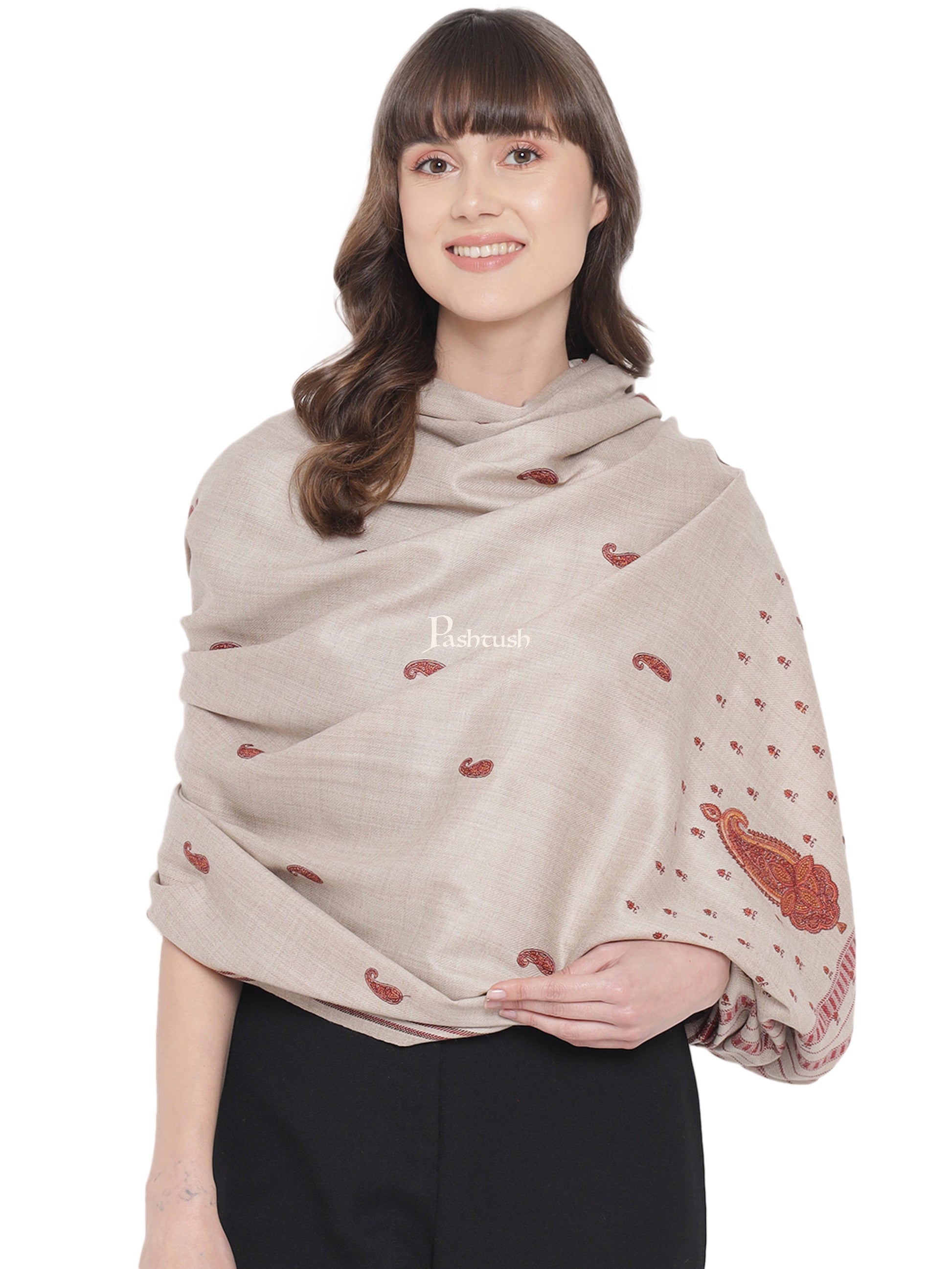 Pashtush India Womens Shawls Pashtush Womens Woollen Embroidery Shawl, Beige