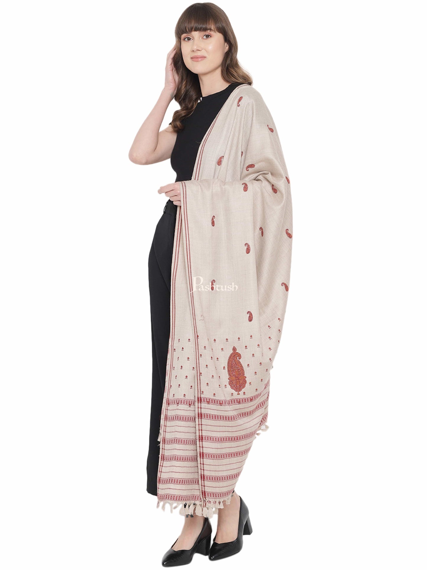 Pashtush India Womens Shawls Pashtush Womens Woollen Embroidery Shawl, Beige