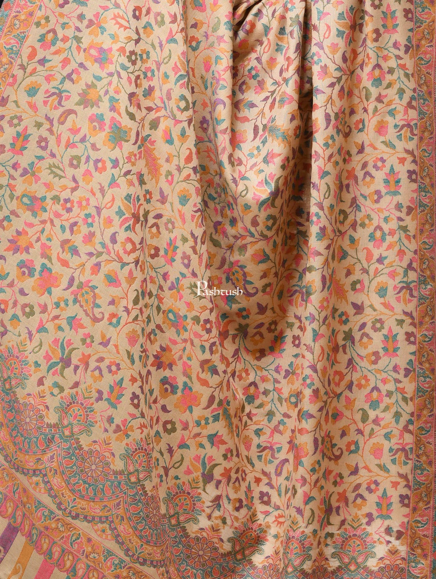 Pashwool Womens Shawls Pashtush Womens Woollen Ethnic Design Shawl, Soft And Warm, Light Weight Beige