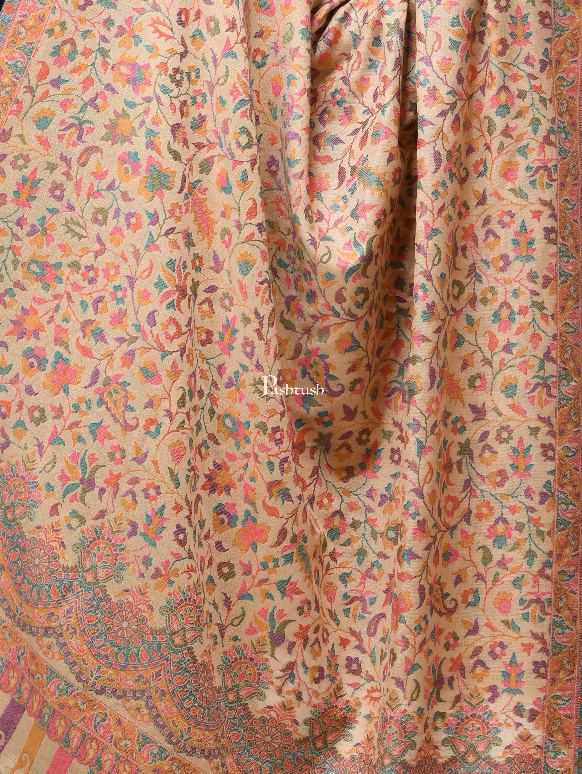 Pashwool Womens Shawls Pashtush Womens Woollen Ethnic Design Shawl, Soft And Warm, Light Weight Beige