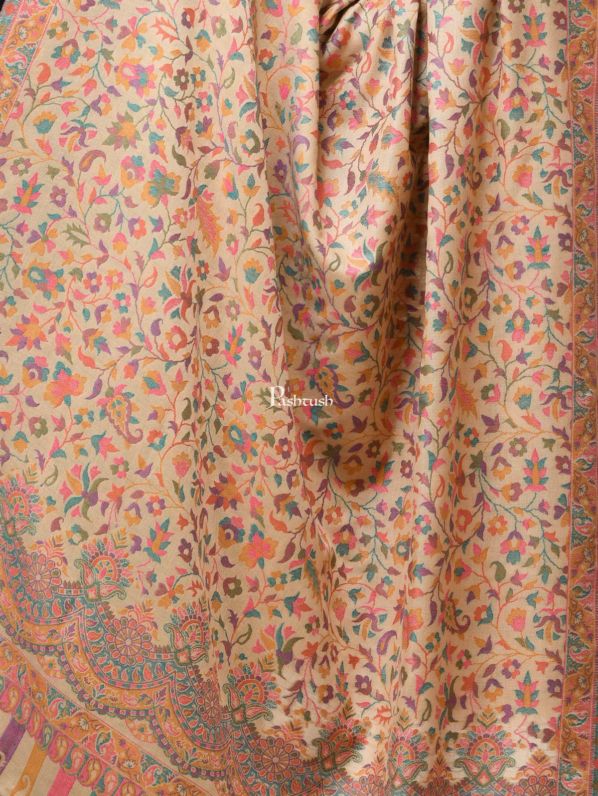 Pashwool Womens Shawls Pashtush Womens Woollen Ethnic Design Shawl, Soft And Warm, Light Weight Beige