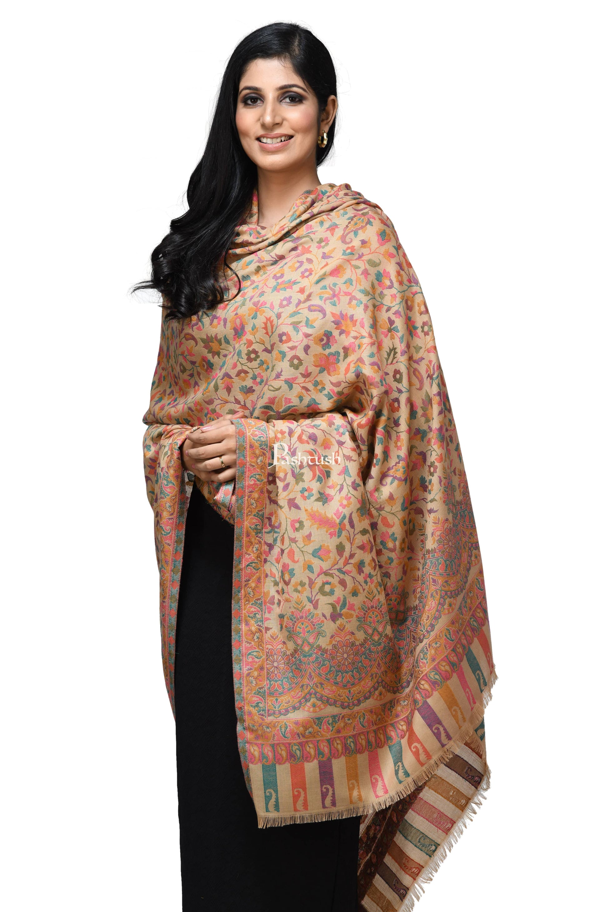 Pashwool Womens Shawls Pashtush Womens Woollen Ethnic Design Shawl, Soft And Warm, Light Weight Beige