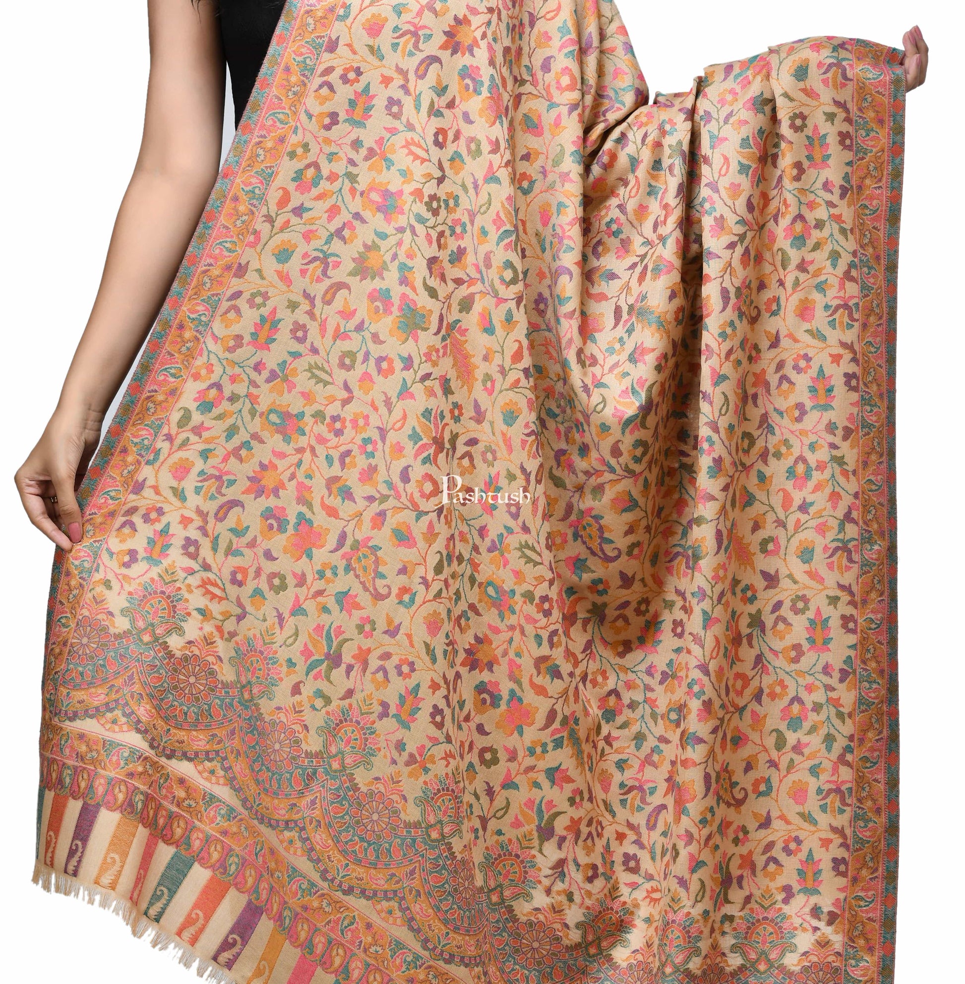 Pashwool Womens Shawls Pashtush Womens Woollen Ethnic Design Shawl, Soft And Warm, Light Weight Beige