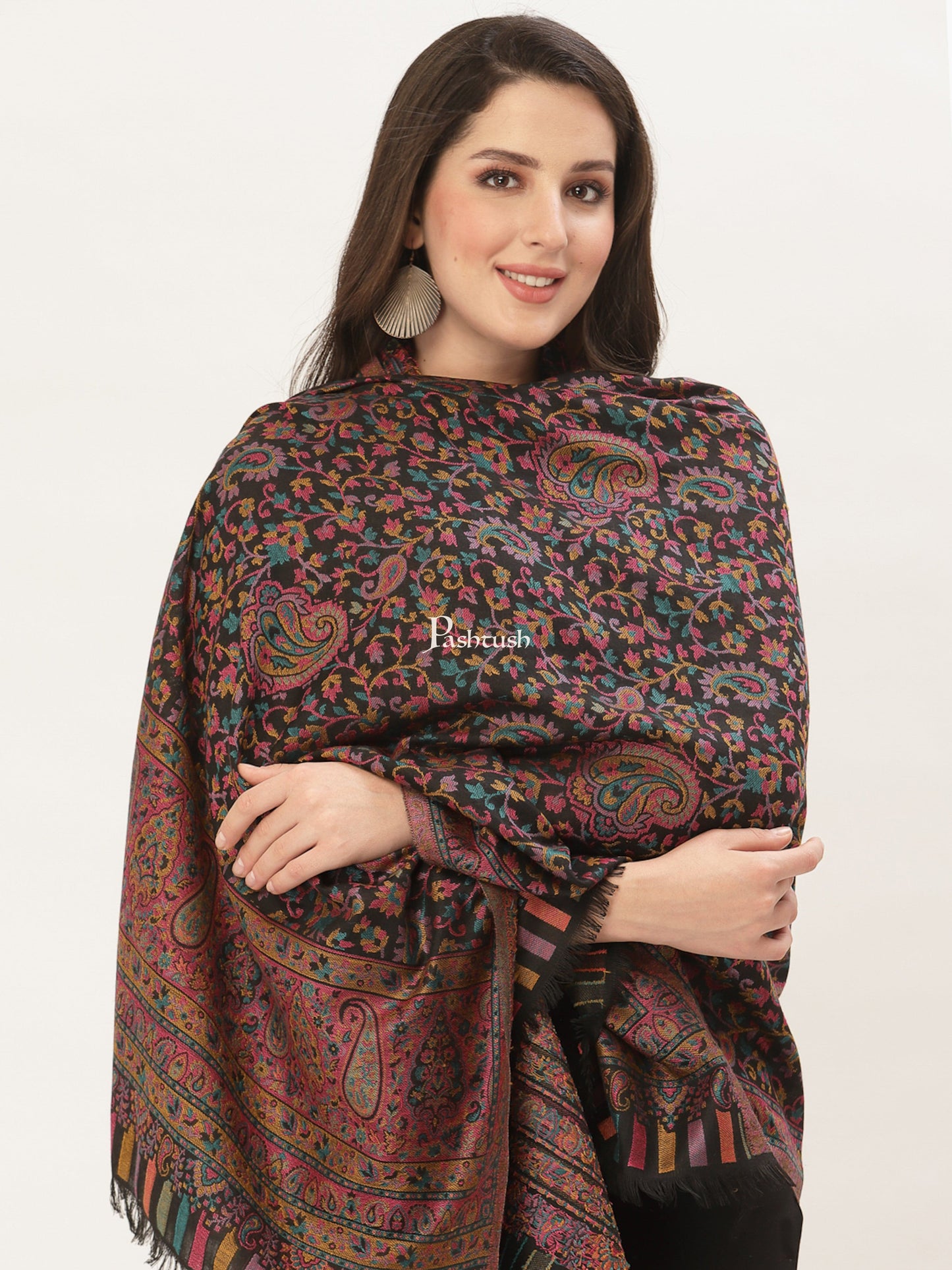Pashwool Womens Shawls Pashtush Womens Woollen Ethnic Design Shawl, Soft And Warm, Light Weight, Multicolour